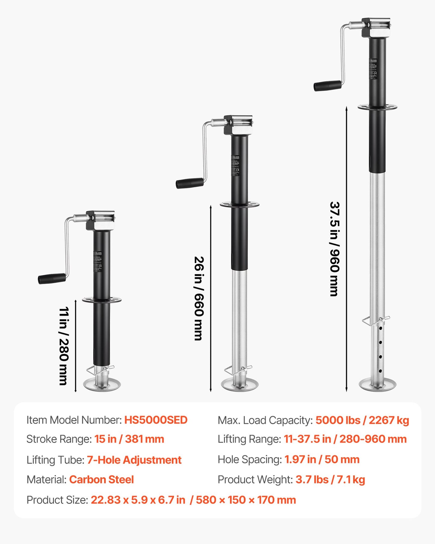 5000 lbs A-Frame Trailer Jack, 15-Inch Vertical Travel, Trailer Lift Jack with Adjustable 7-Level Drop Leg & Drill Socket, Cordless Drill Compatible, Suitable for RV, Utility, Yacht Trailers