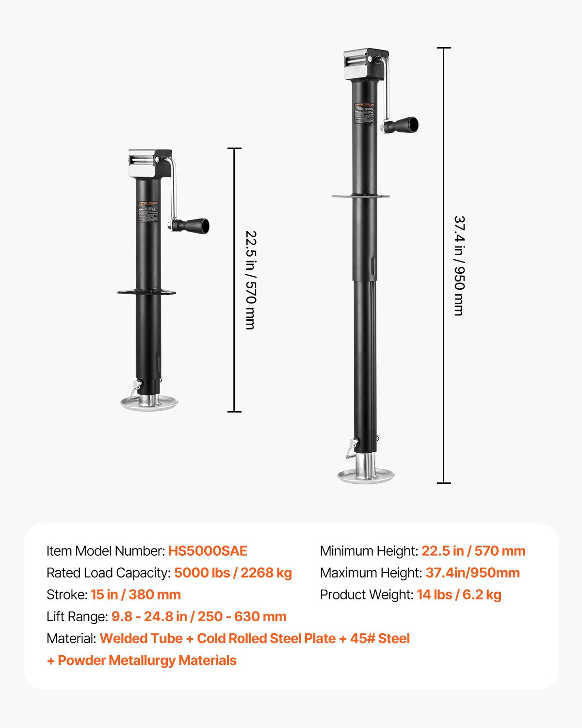 A-Frame Trailer Jack, 5000 lbs Dynamic Load Capacity, Trailer Jack Stand with Handle & Rectangular Footpad, 15-inch Vertical Travel, Suitable for RV, Horse, Utility Trailers, Yacht Trailers