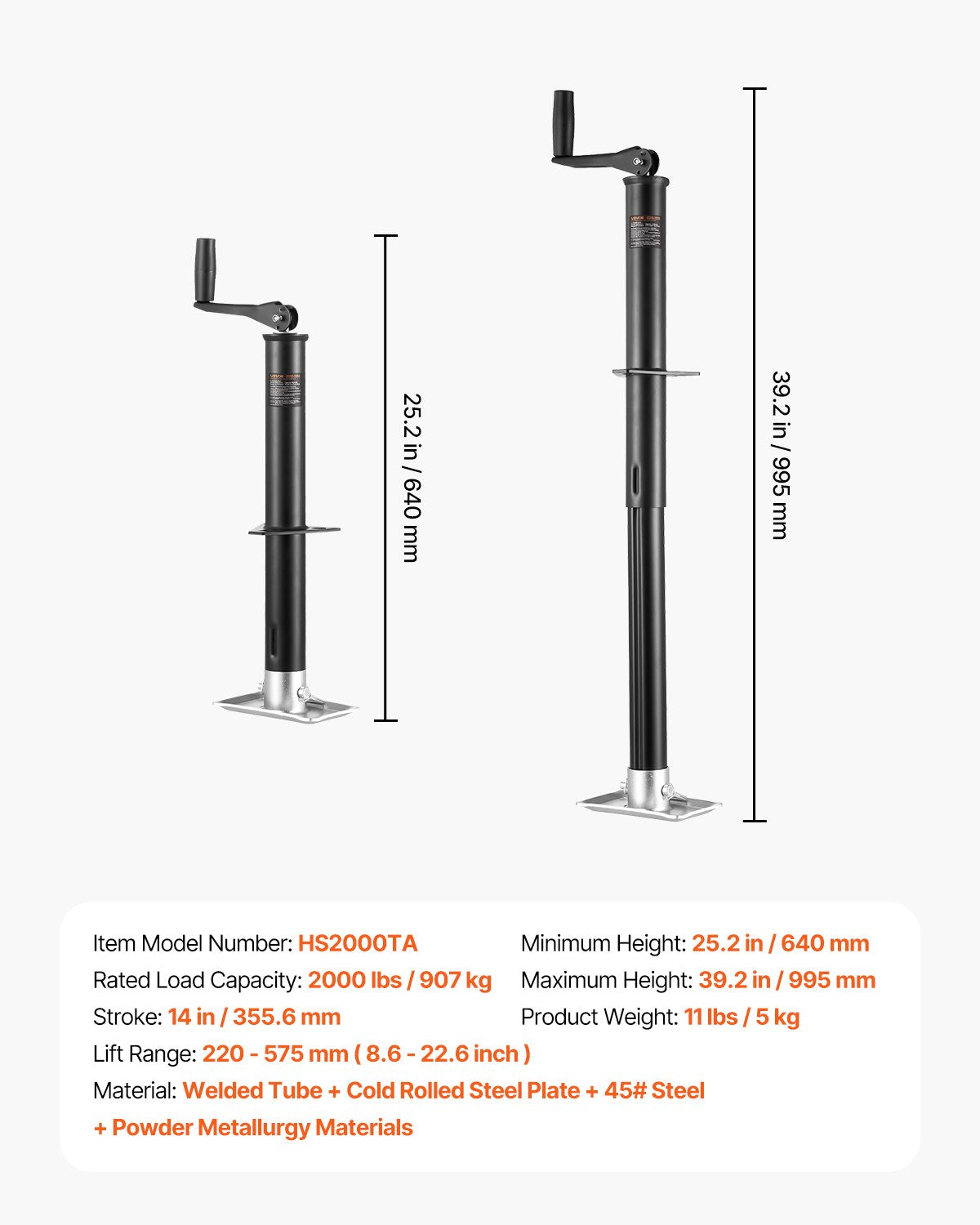A-Frame Trailer Jack, 2000 lbs Dynamic Load Capacity, Trailer Jack Stand with Handle & Rectangular Footpad, 15-inch Vertical Travel, Suitable for RV, Horse, Utility Trailers, Yacht Trailers