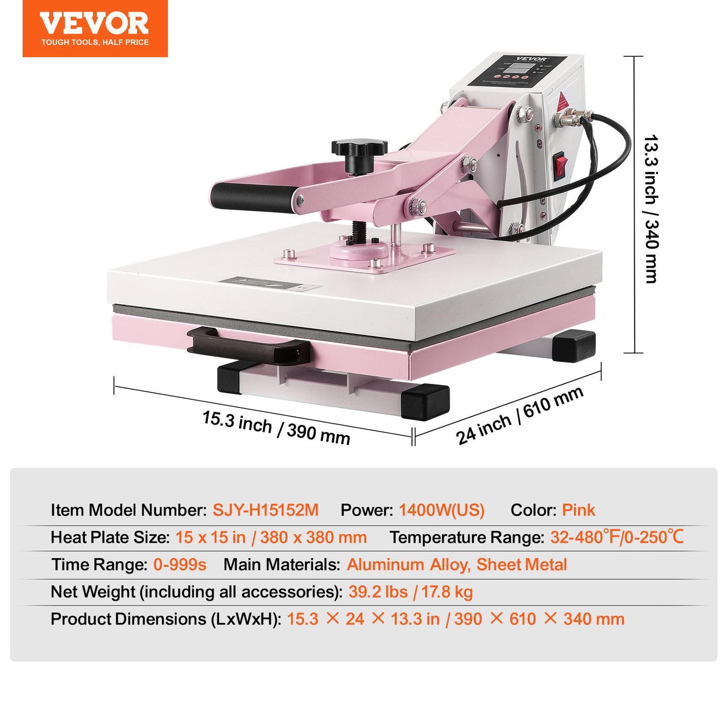 Heat Press, 15 x 15 inch Digital Heat Press Machine, Slide Out Heat Transfer Machine, Fast and Even Heating, 2-Layer Insulation Cotton, Heat Transfer Machine for T-Shirts/Pillows/Bags, Pink