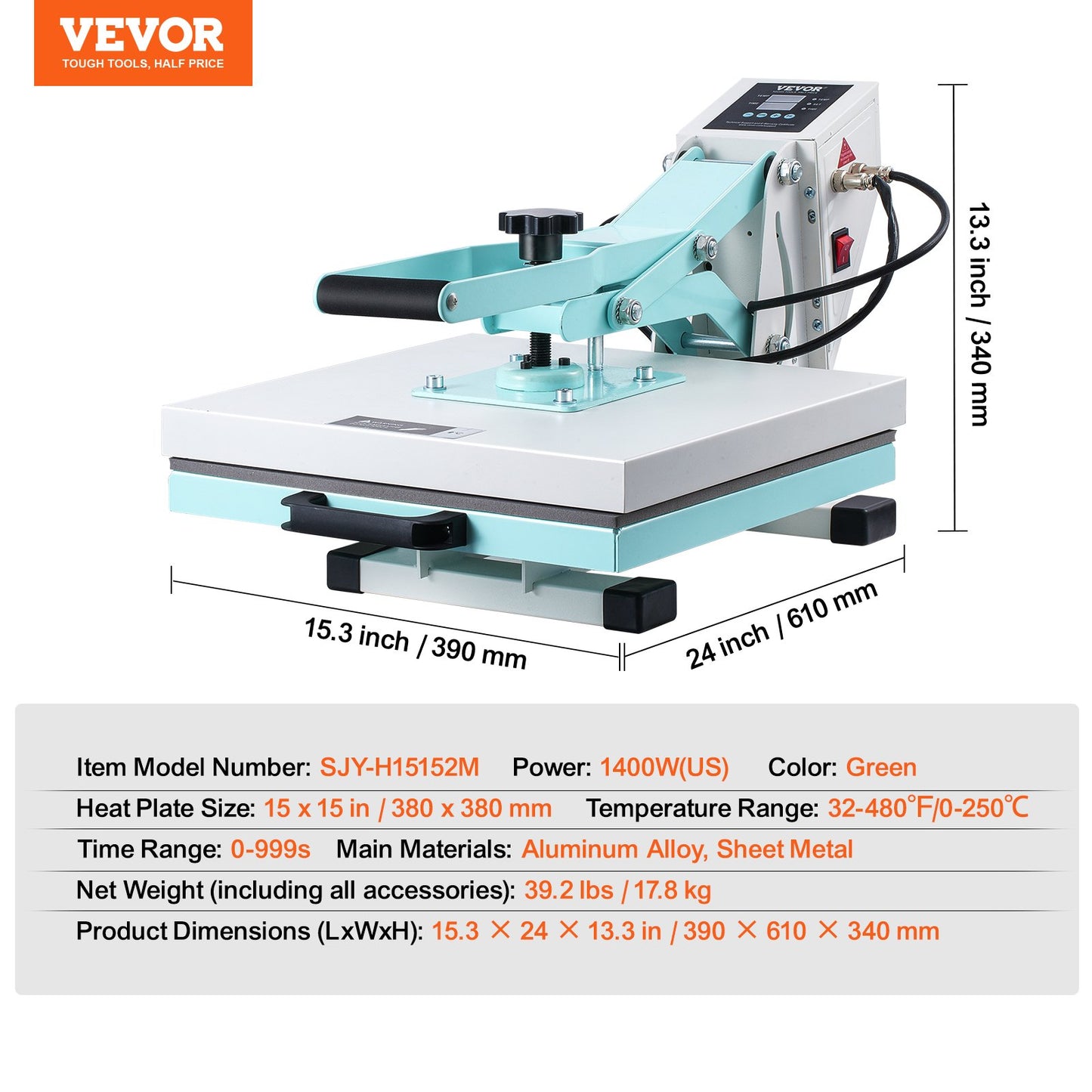 Heat Press Machine 15x15 in Slide Out Heat Transfer Machine T-Shirts Green
