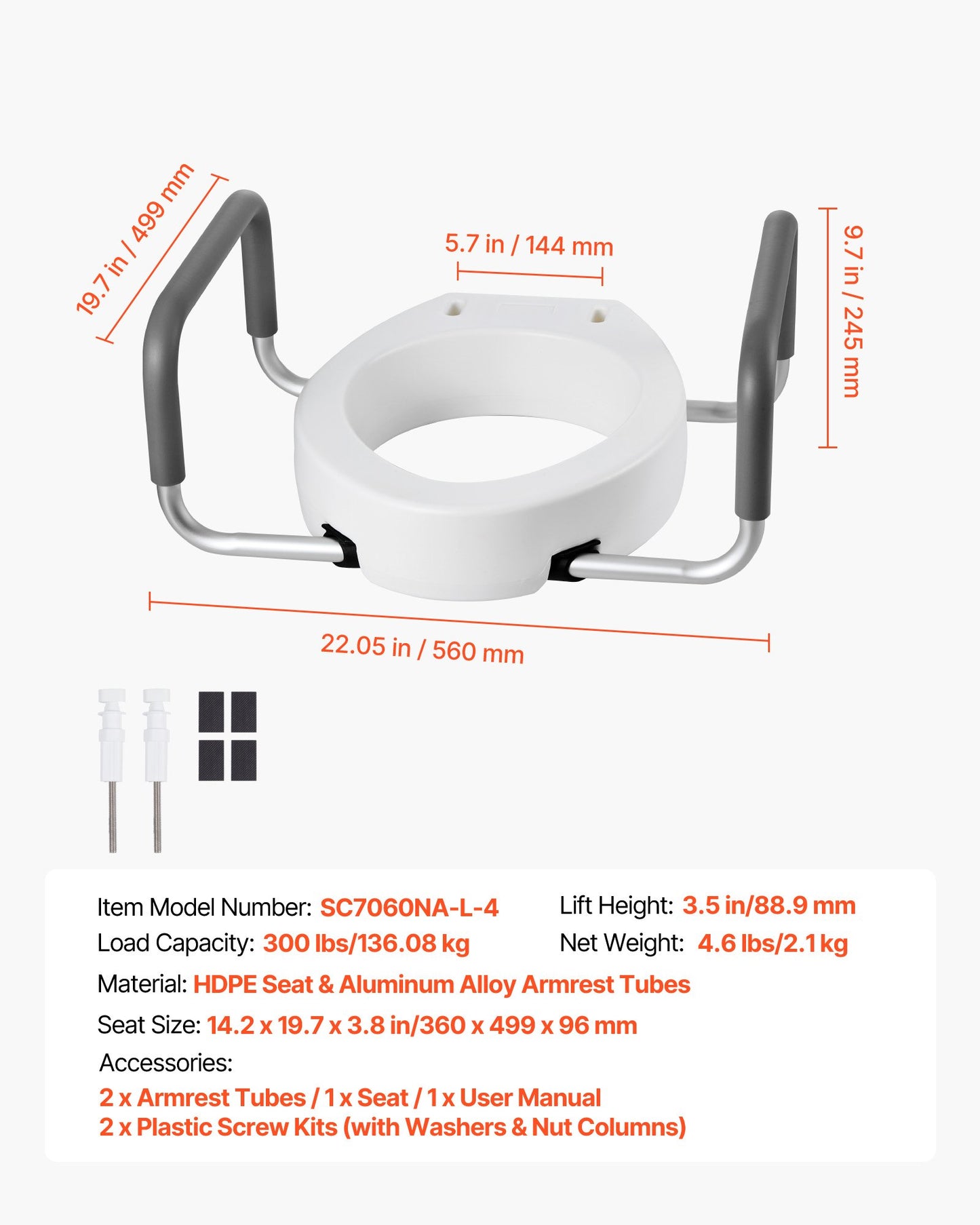 Raised Toilet Seat with Arms, 300 lbs Load Capacity, 3.5-Inch Lift Height, Widened Commode Elevated Toilet Seat Riser with Padded Handles for Seniors, Elderly, Handicap, Disabled, and Adults