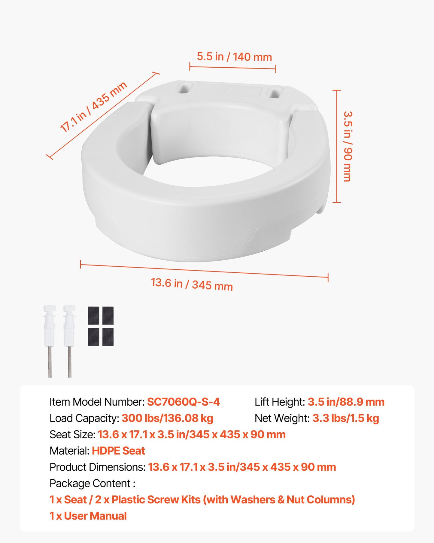 Raised Toilet Seat, 300 lbs Load Capacity, 3.5-Inch Lift Height, Commode Elevated Toilet Seat Riser with Enlarged Opening for Seniors, Elderly, Handicap, Disabled, and Adults, Fits Round Bowl