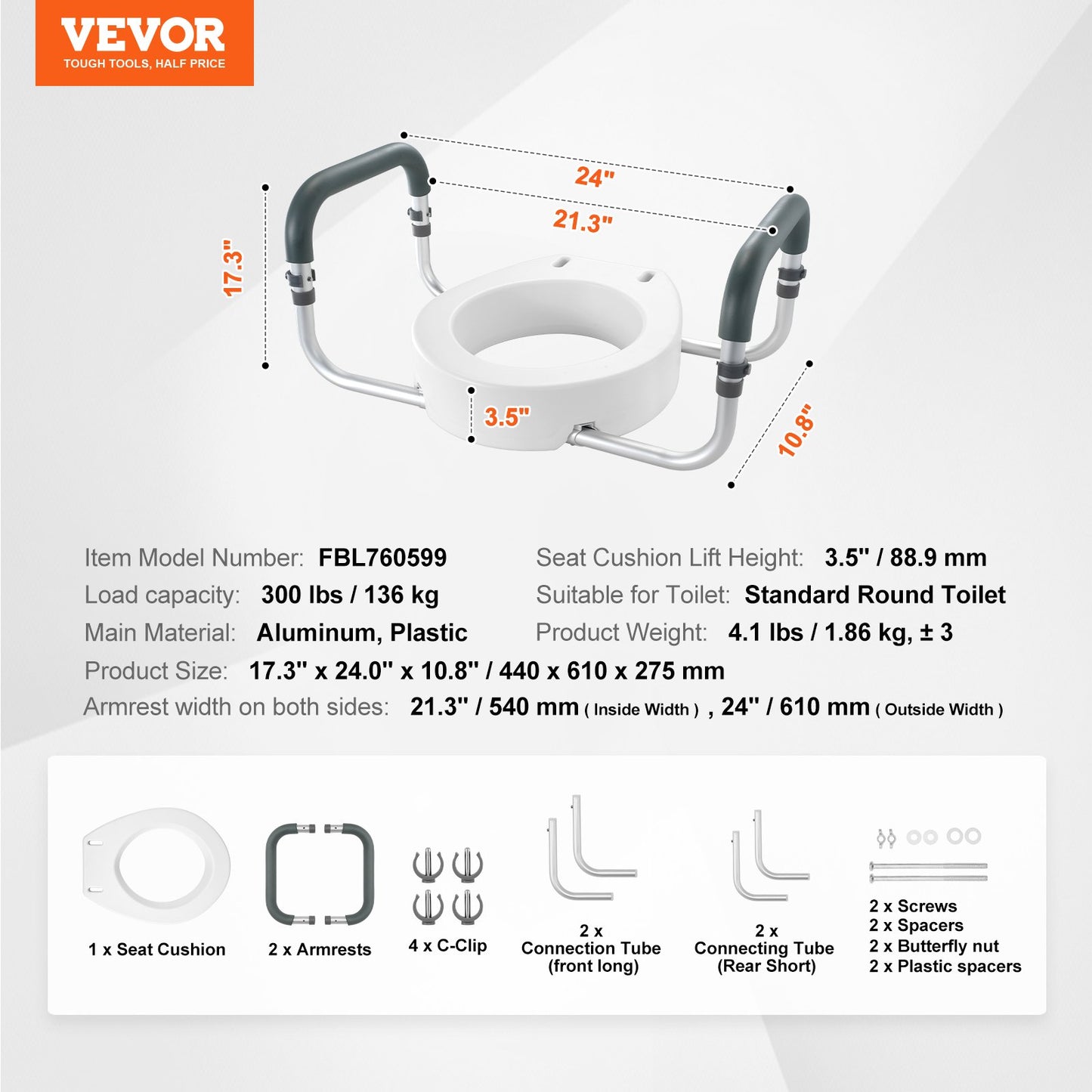 Raised Toilet Seat, 3.5" Height Raised, 300 lbs Weight Capacity, for Standard Round Toilet, Aluminum Handrail, with EVA Armrest Padding, for Elderly, Handicap, Patient, Pregnant, Medical