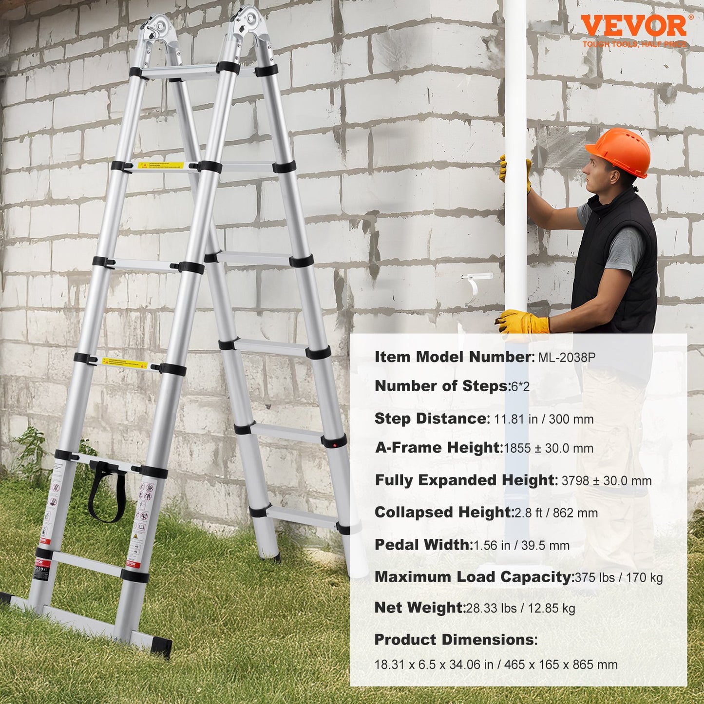 Telescoping Ladder, 12.5FT A-Shape Aluminum Extension Ladder Lightweight, Multi-button Retraction Collapsible Ladder, 375 LBS Capacity w/ Stabilizer Bar, Multi-Purpose Ladders for RV, Camper