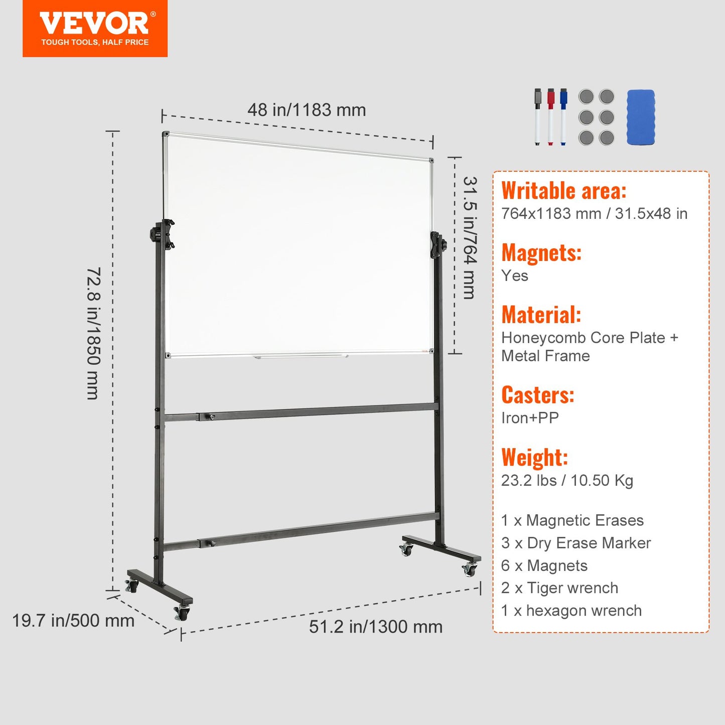 Rolling Whiteboard, 48x32 inch Double-Sided Magnetic Mobile Whiteboard, 360° Reversible Adjustable Height Dry Erase Board with Wheels & Movable Tray for Office School