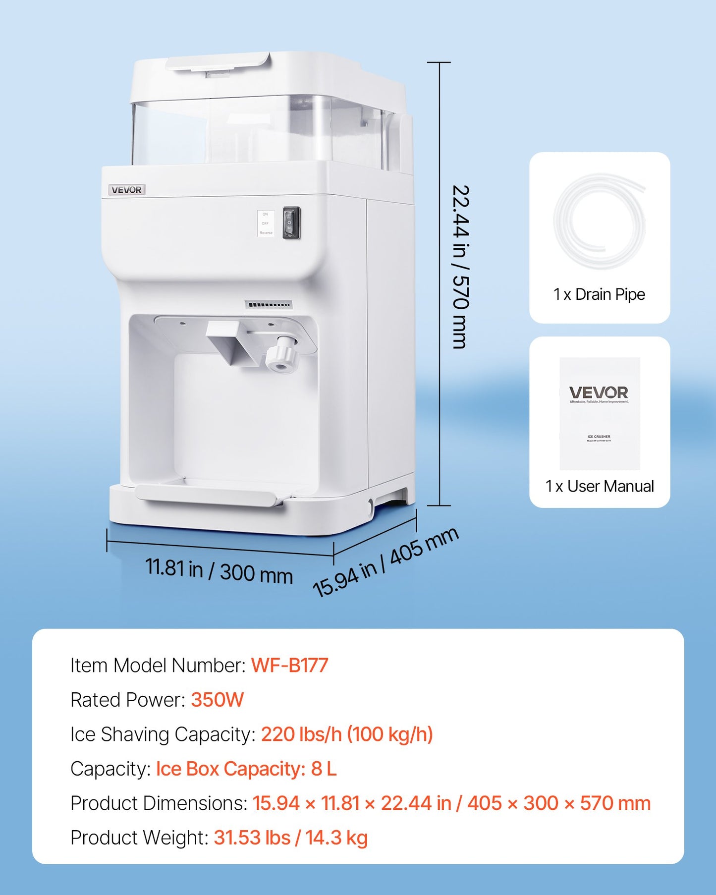 Commercial Ice Shaver Crusher, 220lbs Per Hour Electric Snow Cone Maker with 8L Ice Cube Box, 350W 1500RPM Tabletop Shaved Ice Machine for Parties Events Bar, Home and Commercial Use (White)