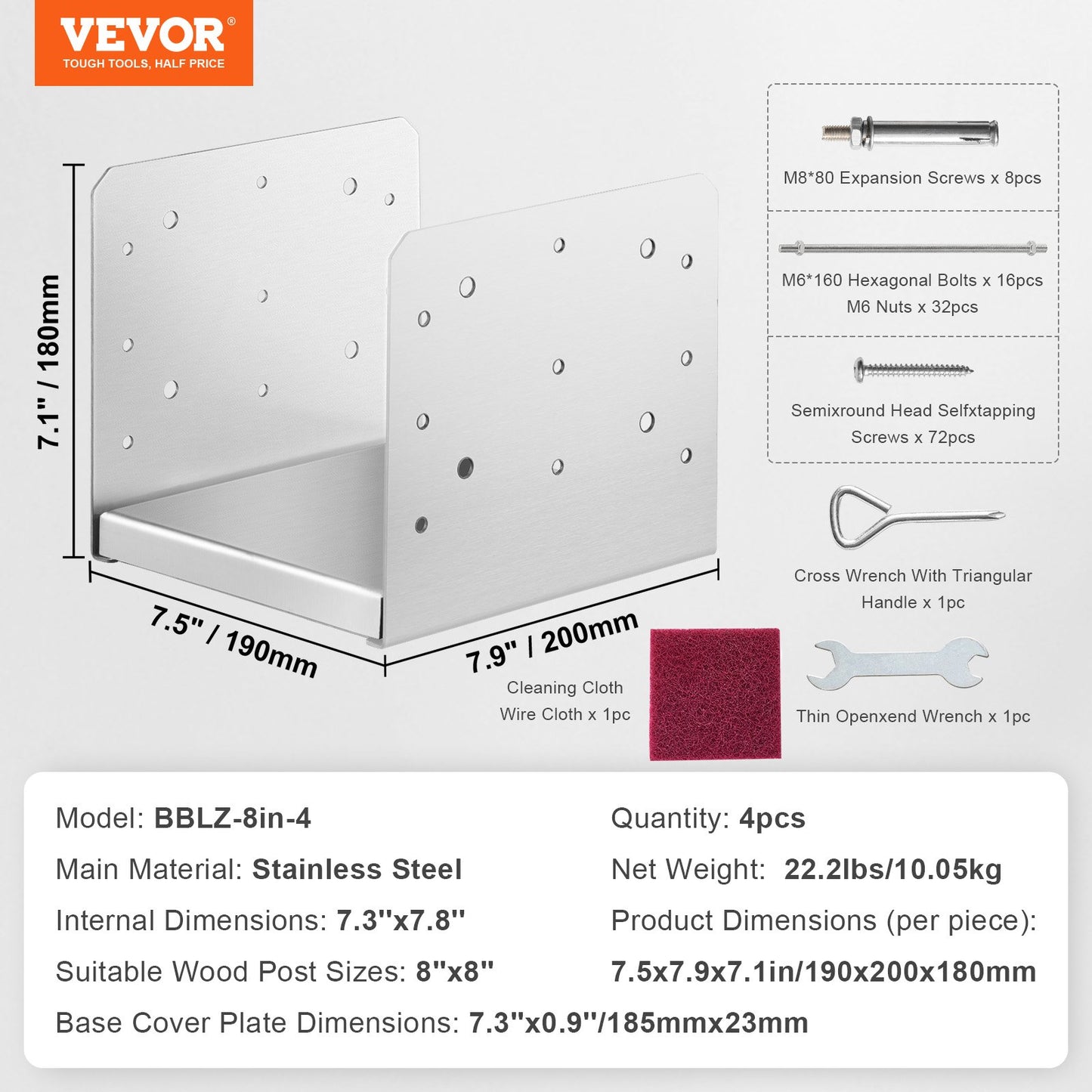 8"x 8" Post Base, 4Pcs Stainless Steel Adjustable Post Anchor Bracket(Internal 7.8 x 7.3"), Adjustable Post Base for Pavilion Deck Porch Handrail Railing Support Decorative Anchor Plate