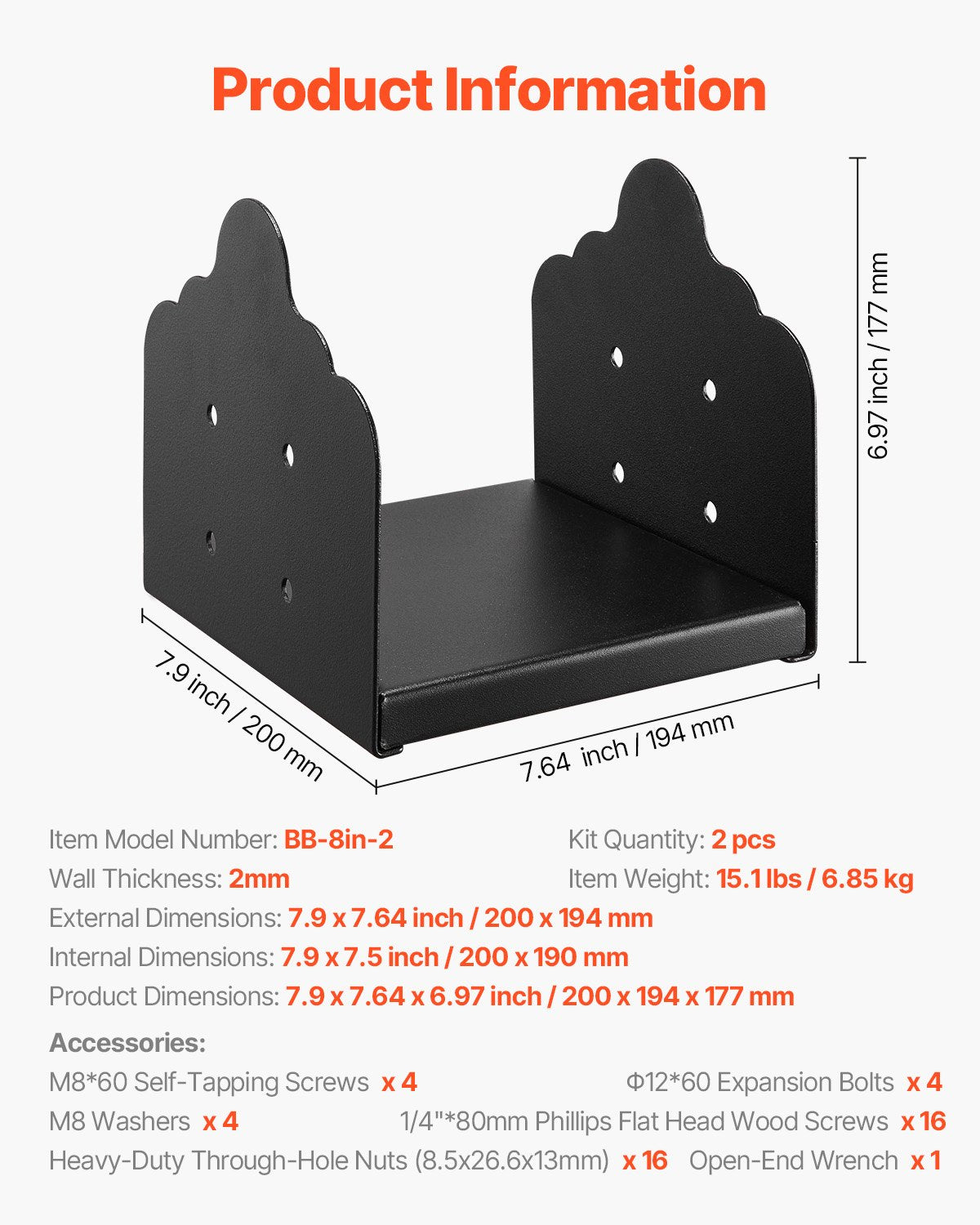 8x8 Post Base 2 Pcs, Inner Size 7.9x7.5 inch / 200x190 mm Post Brackets, Heavy Duty Carbon Steel Decking Posts, Wood Posts Brackets for Pavilion Deck Railing Support Deck Base Plate, Black
