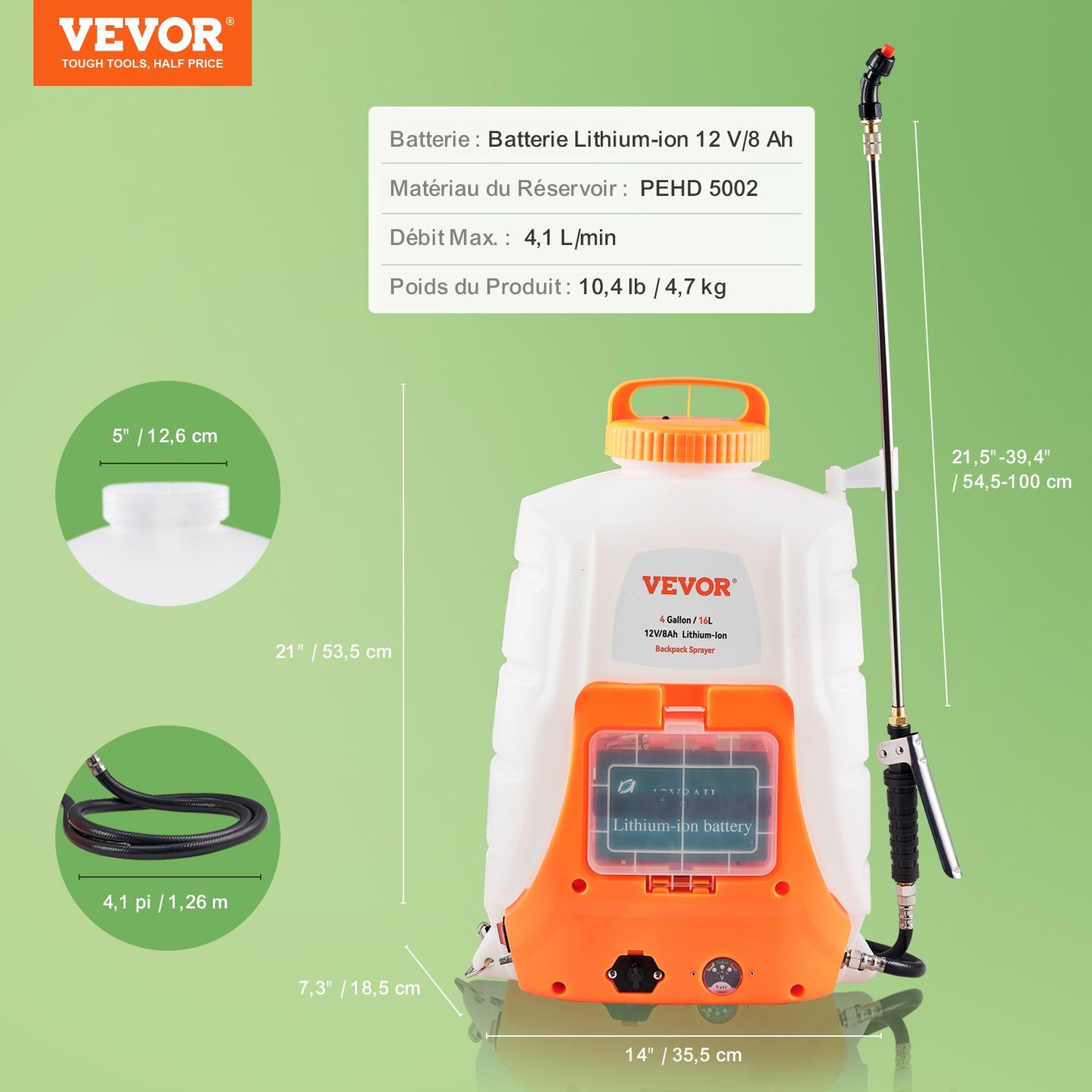 Battery Powered Backpack Sprayer, 0-90 PSI Adjustable Pressure, 4 Gallon Tank, Back Pack Sprayer with 8 Nozzles and 2 Wands, 12V 8Ah Battery, Wide Mouth Lid for Weeding, Spraying, Cleaning