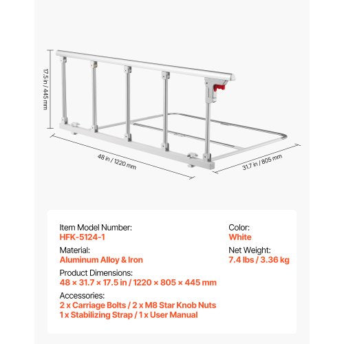 Hopfällbar sänggrind för äldre, 122 cm sängkant med fästrem, justerbar höjd, sängkant i metall med hög hållfasthet, handskydd för äldre personer, passar king size-säng, queen size-säng, full size-säng och twin-säng | EU