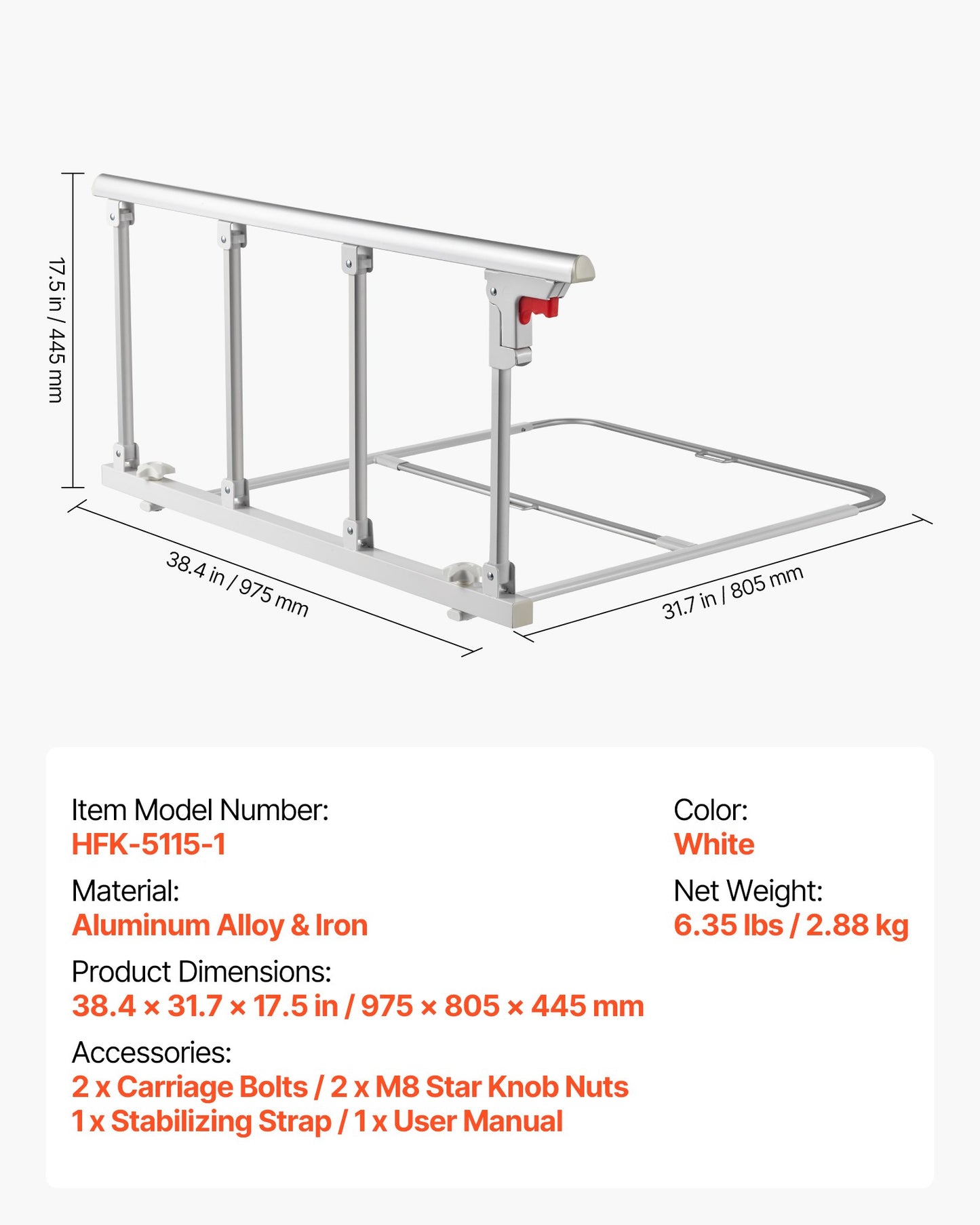 Foldable Bed Rail for Elderly, 38 in Bedside Assist Rail with Fixing Strap, Adjustable Height Pipe Bedside Cane, High-Strength Metal Senior Bed Bar, Hand Guard Grab Fits King, Queen, Full, Twin