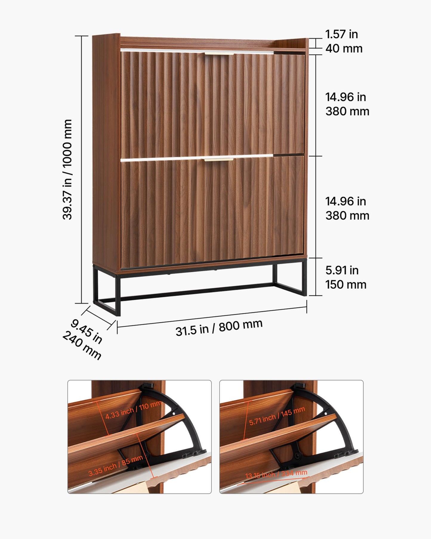 Shoe Cabinet with 2 Flip Drawers, Mid-Century Shoes Storage Cabinet with Anti-Tipping Device, Freestanding Fluted Shoe Organizer, Ideal for Entrance, Hallway, Bedroom, Living Room, Walnut