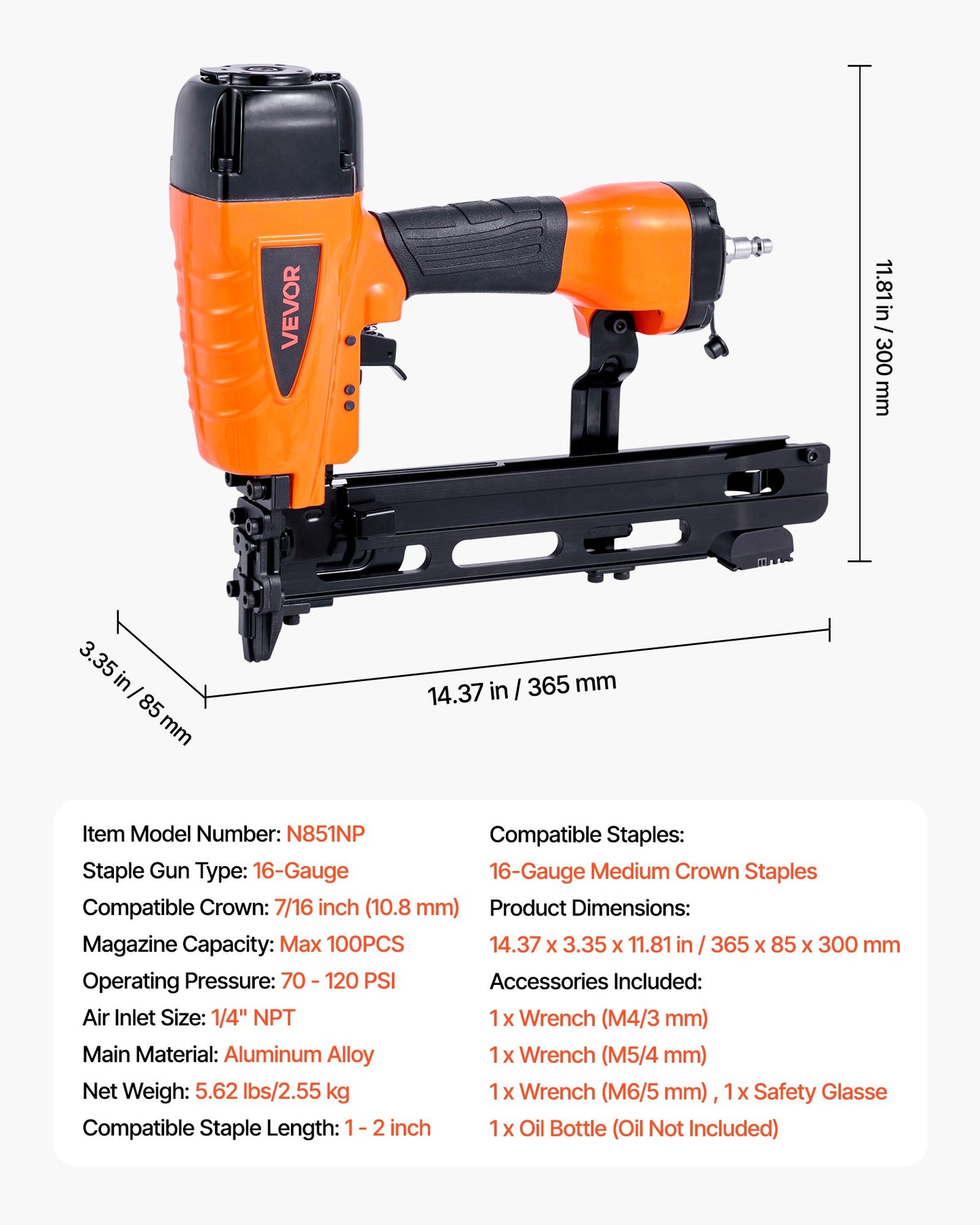 Pneumatic Staple Gun, 16 Gauge 7/16-inch Medium Crown Pneumatic Stapler 1" to 2" Length, 70-120PSI Heavy Duty Air-Powered Staple Gun for Roof Decking, Wall Sheathing, Fencing and Subflooring