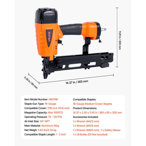 pneumatisk häftpistol, 16 gauge 10,8 mm medellång krona pneumatisk häftpistol 25 mm till 50 mm längd, 70-120 PSI kraftig luftdriven häftpistol för takplåt, väggbeklädnad, staket och undergolv | EU