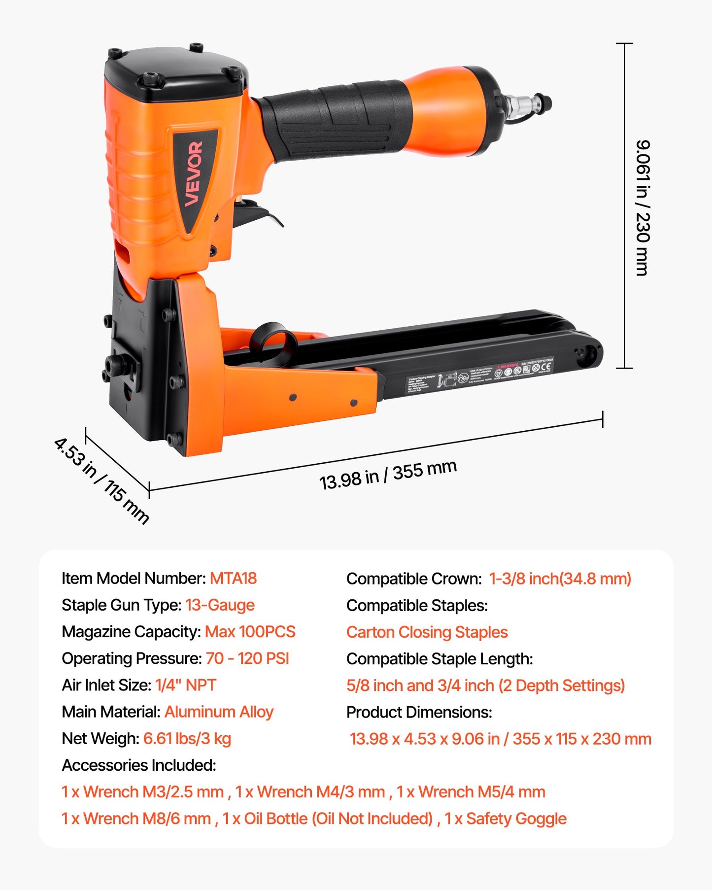 Pneumatic Carton Closing Stapler, 13 Gauge Pneumatic Cardboard Staple Gun for 1-3/8 inch Crown 5/8" & 3/4" Length, Depth-Adjustable 70-120 PSI Air Staple Gun for Boxes Carton Closing, Packaging