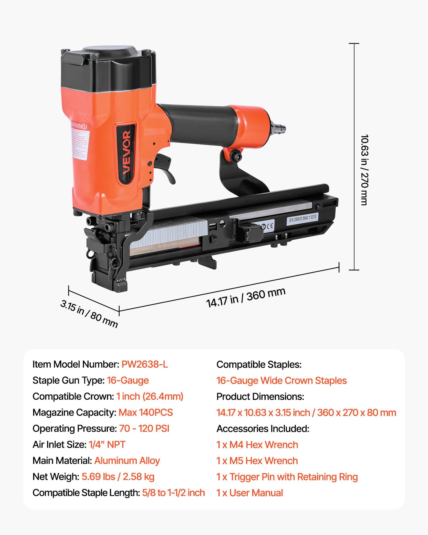 Pneumatic Staple Gun, 16 Gauge 1-inch Wide Crown Pneumatic Stapler 5/8" to 1-1/2" Length, 70-120PSI Air Staple Gun with Two Firing Modes for Roof Decking, Wall Sheathing, Fencing, Subflooring