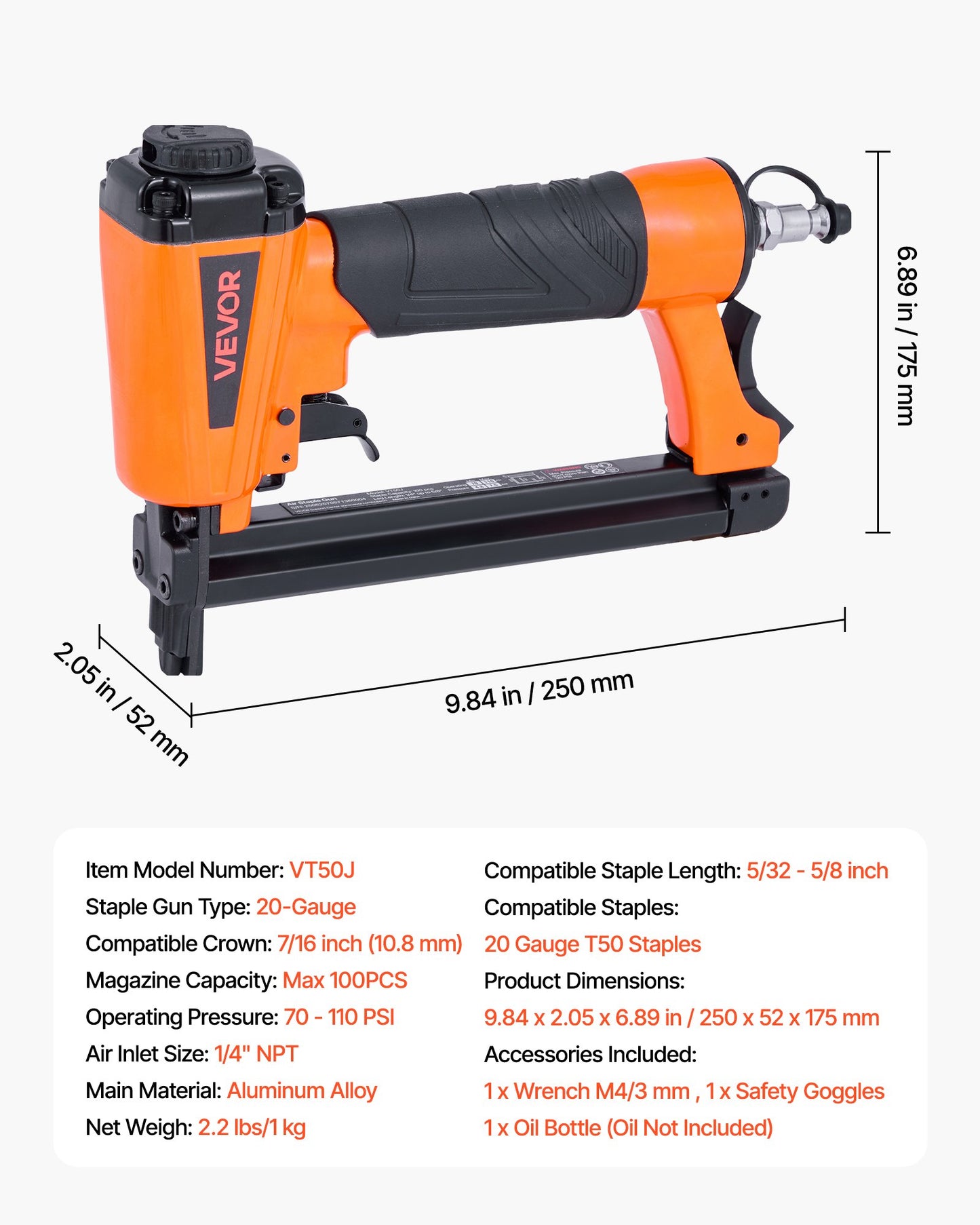 Pneumatic Staple Gun, 20 Gauge T50 Pneumatic Upholstery Stapler for 7/16" Crown 5/32"-5/8" Length Staples, 70-110 PSI Air Staple Gun for Woodworking, Upholstering, Fabric, Crafts, DIY Projects