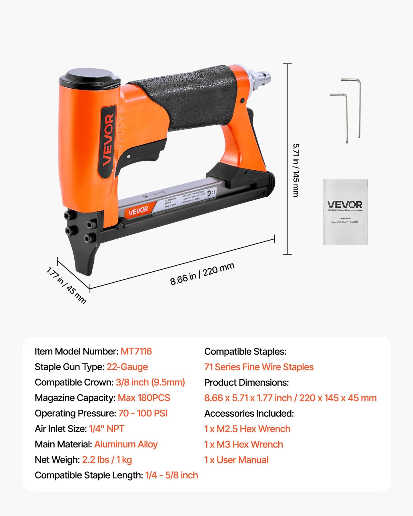 Pneumatic Staple Gun, 22 Gauge Air Upholstery Stapler for 71 Series Fine Wire Staples 3/8" Crown 1/4"-5/8" Length, Max 180PCS Loading Air Staple Gun for Upholstering, Woodworking, DIY Projects