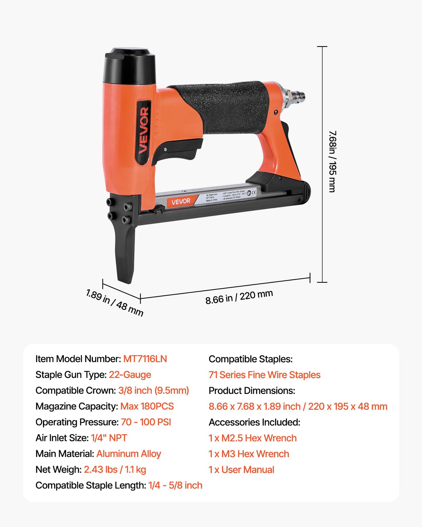 Pneumatic Staple Gun, 22 Gauge Long-Nose Upholstery Stapler for 71 Series Fine Wire Staples 3/8-inch Crown 1/4"-5/8" Length, Max 180PCS Loading Air Staple Gun for Upholstering, Woodworking, DIY