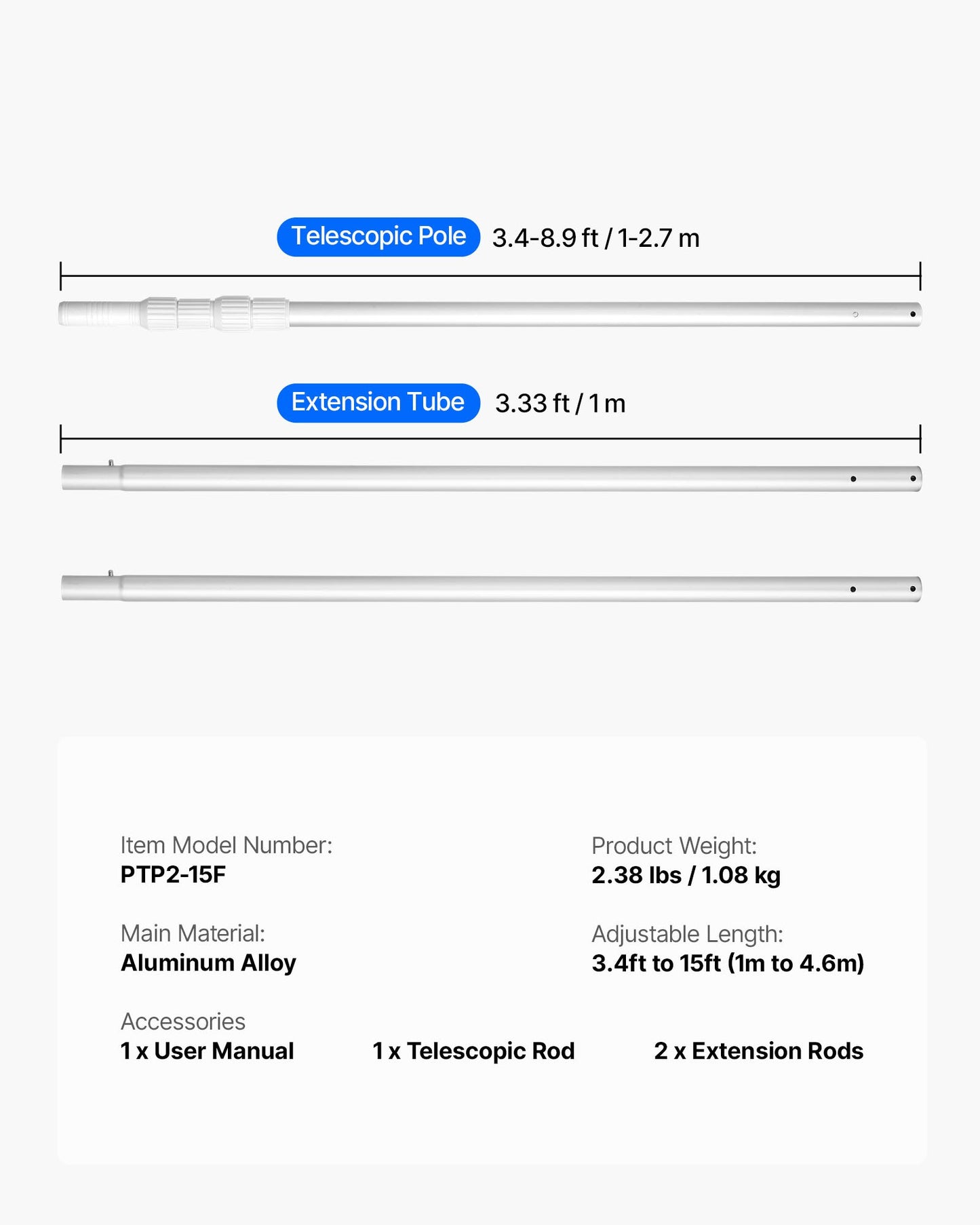 Pool Pole, 3.4 to 15 Ft Telescoping Swimming Pool Cleaning Poles, Professional Adjustable Telescopic Pole with 2 Extension Poles, Heavy Duty Cleaner Stick for Skimmer Net, Brush, Vacuum Head