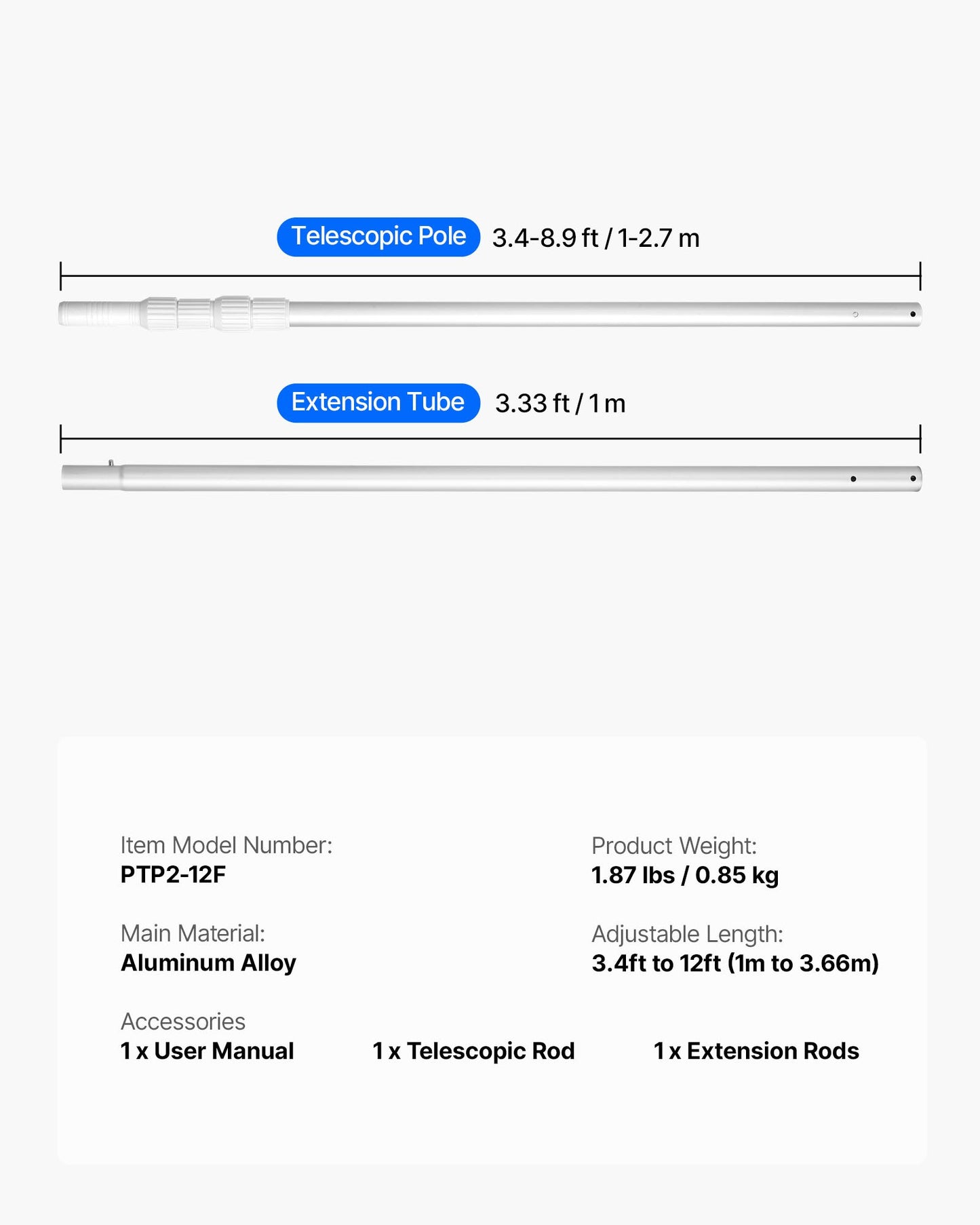 Pool Pole, 3.4 to 12 Ft Telescoping Swimming Pool Cleaning Poles, Professional Adjustable Telescopic Pole with Extension Pole, Heavy Duty Cleaner Stick for Skimmer Net, Rake, Brush, Vacuum Head