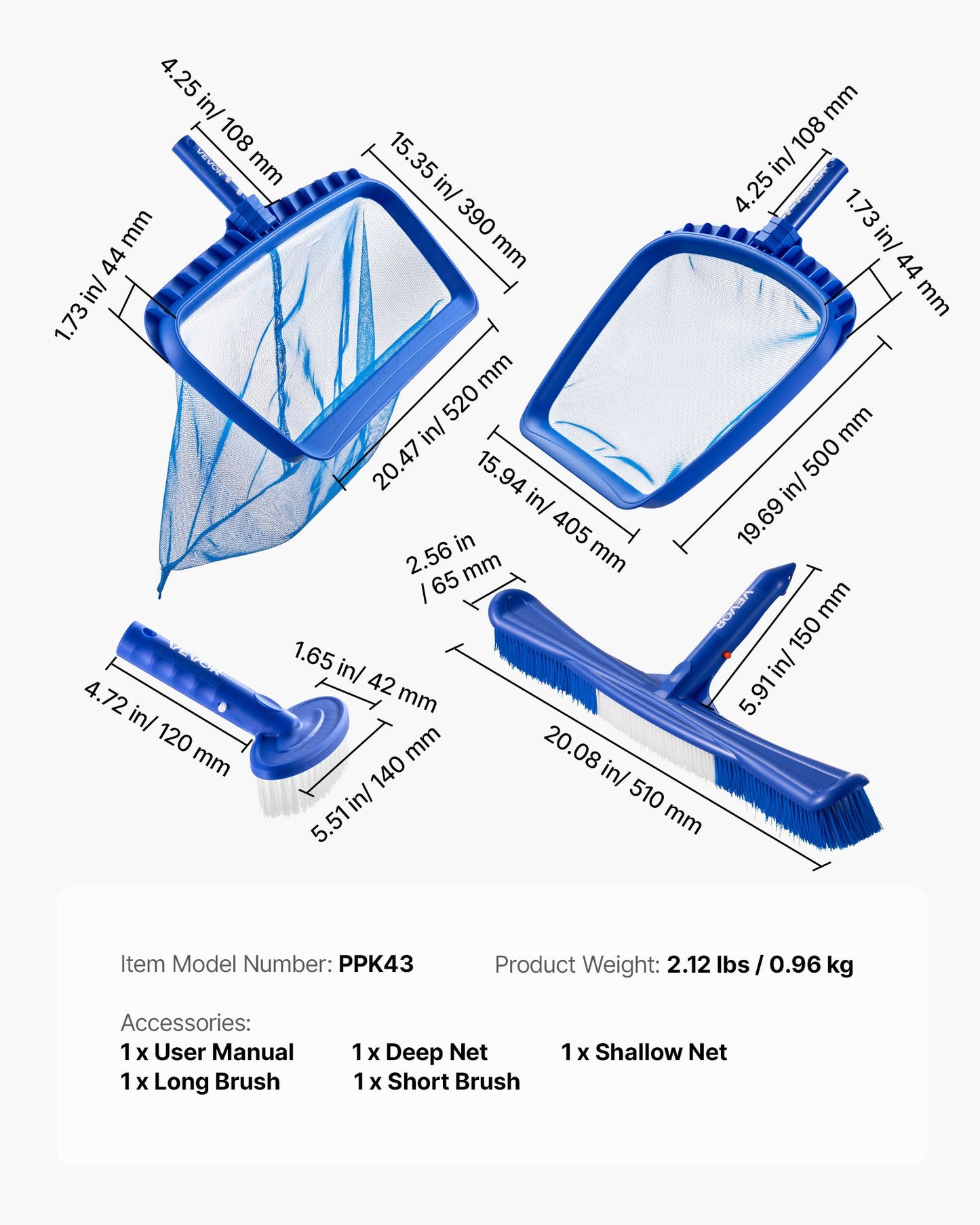 Swimming Pool Cleaning Kit, Includes 2 Detachable Brush Heads (20 Inch / 5.5 Inch) and 2 Pool Skimmer Nets, 4-in-1 Inground/Above Ground Pools Cleaning Tools Set for Leaf, Fine Mesh, No Poles
