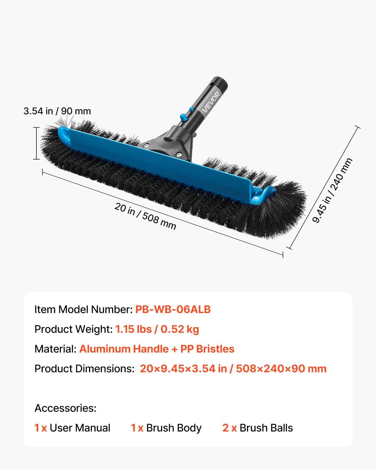 Pool Brush Head, 20 Inch Scrub Brushes with Nylon Bristles and Aluminum Pole Connector, Heavy Duty Curved Brush Head for Cleaning Inground/Above Ground Swimming Pool Walls, Pole Not Included