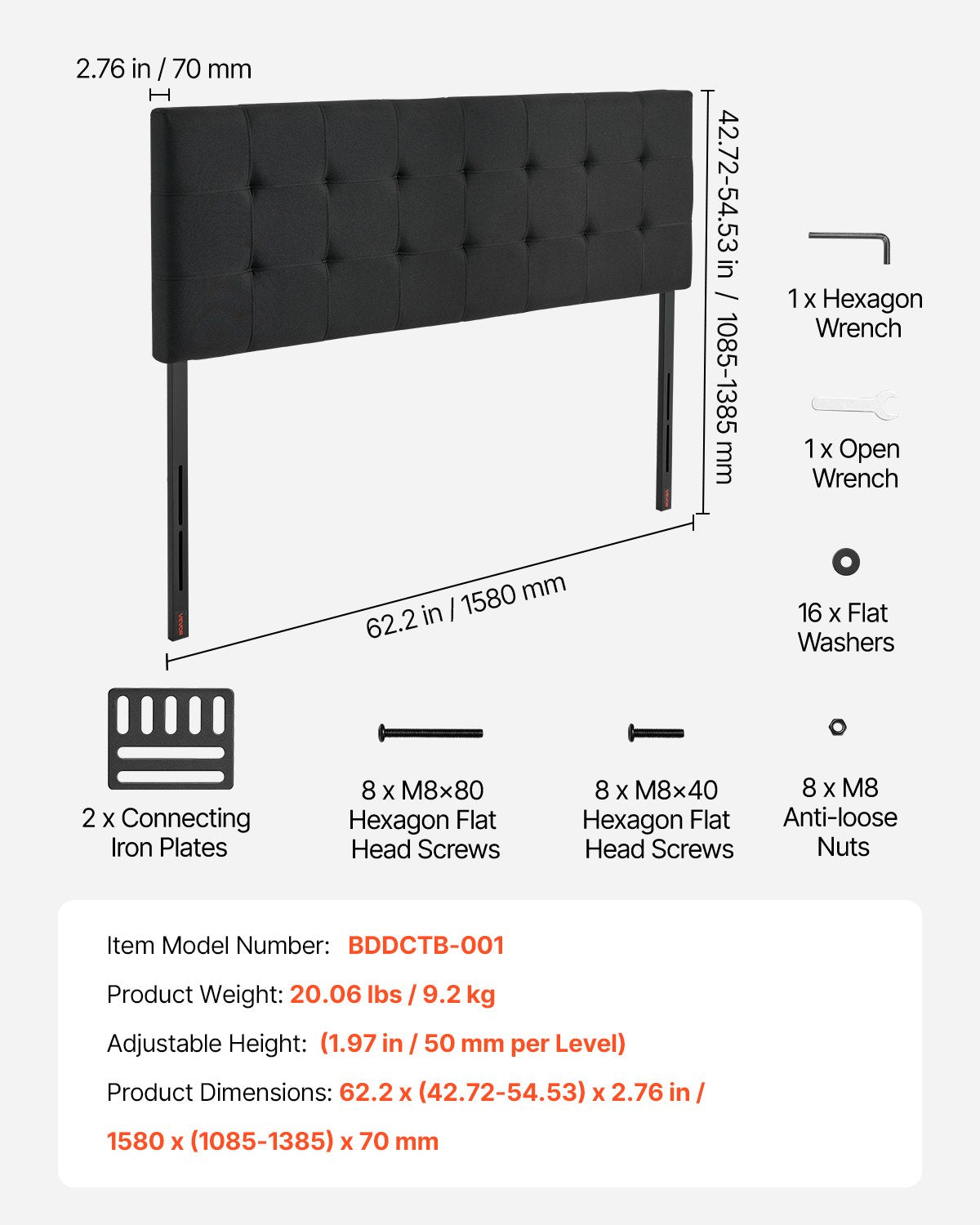 Headboard, Queen Size Headboard with Adjustable Height, Comfortable Diamond Tufted for Queen Size Bed, W62.2 x H(42.72-54.53) x D2.76 in, Ideal for Bedroom, Hotel, Homestay, Dormitory, Black