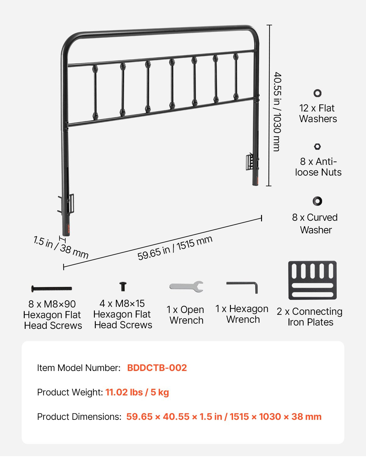 Metal Headboard, Queen Size Headboard with Adjustable Height, Metal Headboard for Queen Size Bed, W59.65 x H40.55 x D1.5 inches, Ideal for Bedroom, Hotel, Homestay, Dormitory, Black