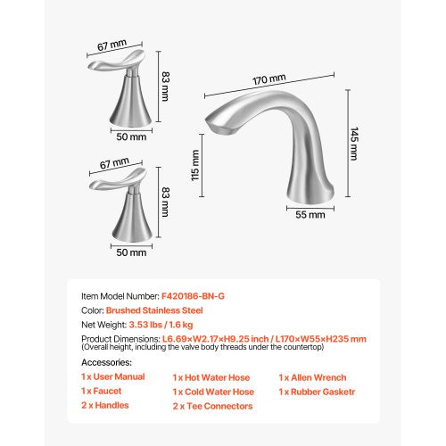 romersk badkarsblandare, 3-håls vattenfallsblandare, badkarsblandare med svanhals och 2 handtag, däckmonterad badkarsblandare för babyvård, vuxenbad, borstat rostfritt stål, hög båge | EU