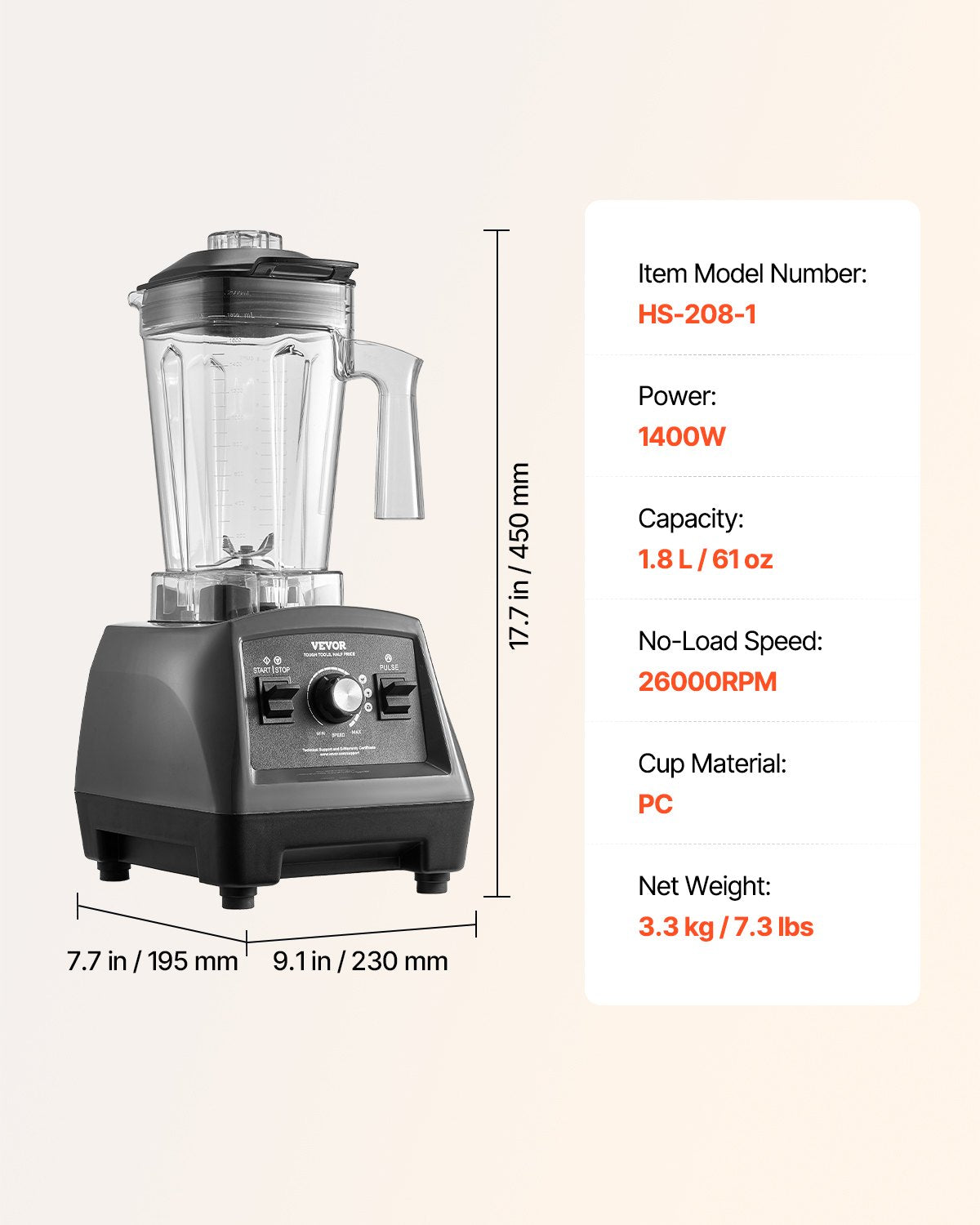 Blender for Smoothies, 61 oz 1400W, Professional Blender with Powerful Motor, Multi-Functional Food Processing Blender with 2 Cups for Smoothie/Milkshake/Juice, Fits for Kitchen