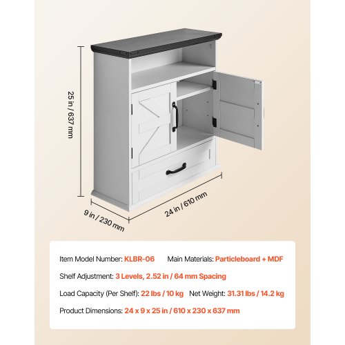 Badrumsväggskåp, 2 dörrar och justerbar hylla, Förvaring över toaletten Medicinskåp Väggmonterat, Hängande Organiserare med Låda och Öppen Skiljevägg för Tvättstuga Kök Toalett, Vit | EU