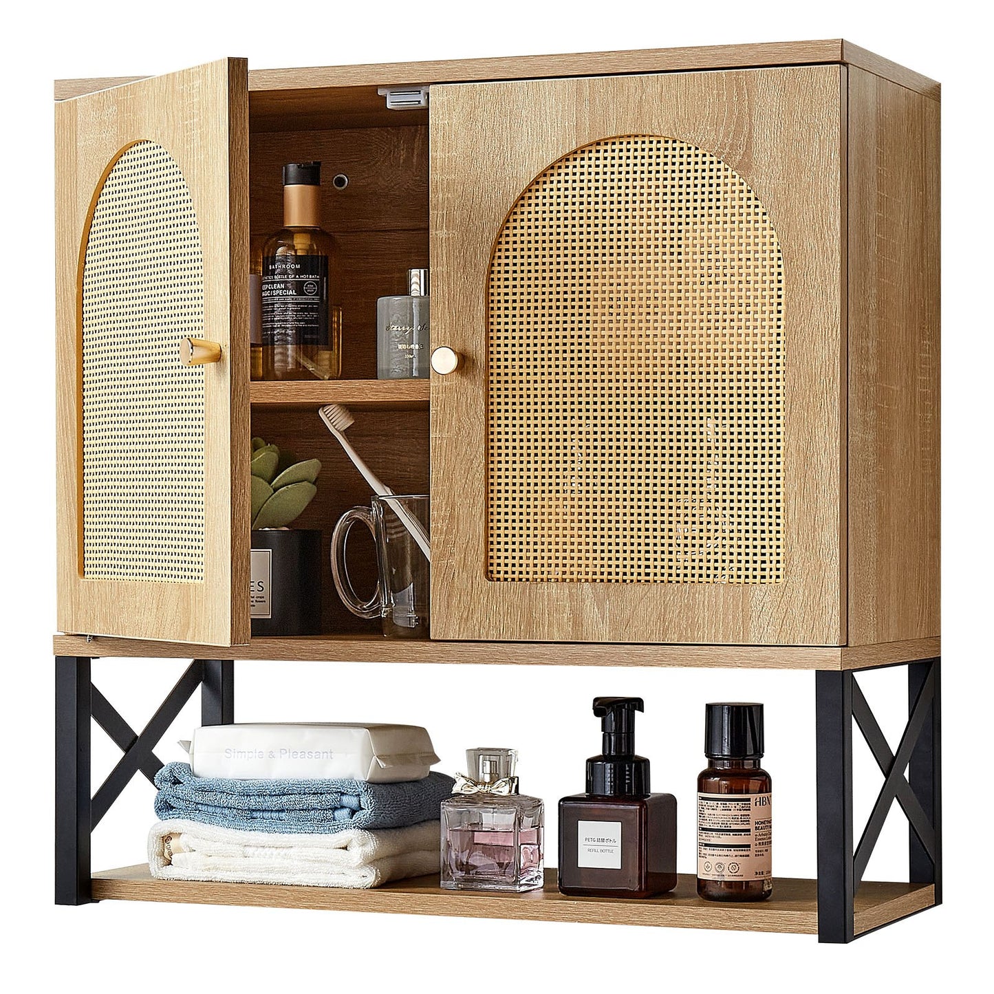 Bathroom Wall Cabinet, with 2 Doors and Adjustable Shelf, Over the Toilet Storage Medicine Cabinet Wall Mounted, Hanging Organizer with Shelves & Open Partition for Laundry Room Kitchen Restroom