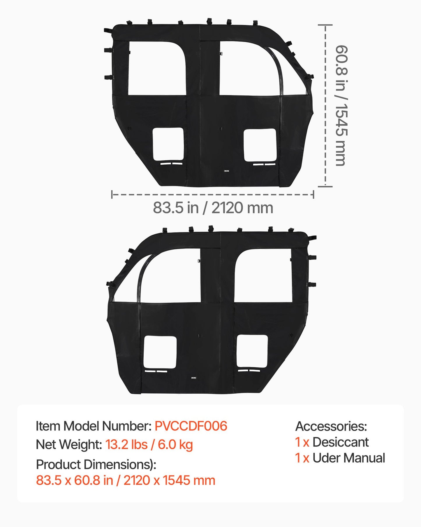 Cab Enclosure Upper Doors, Compatible with CFMOTO Uforce 1000 XL 2022-2024, Soft Upper Doors, Windproof Waterproof Upgraded Zipper UTV Soft Side Window Kit, Fit with Side Mirrors and Windshields