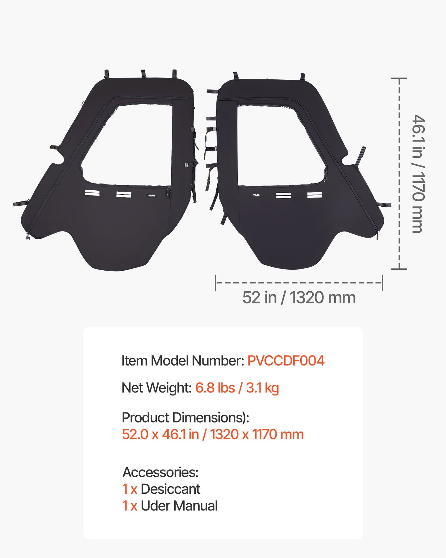 Cab Enclosure Upper Doors, Compatible with Hisun 500 700/Axis 500 700, Soft Upper Doors, Windproof & Waterproof Upgraded Zipper UTV Soft Side Window Kit, Work with Side Mirrors and Windshields