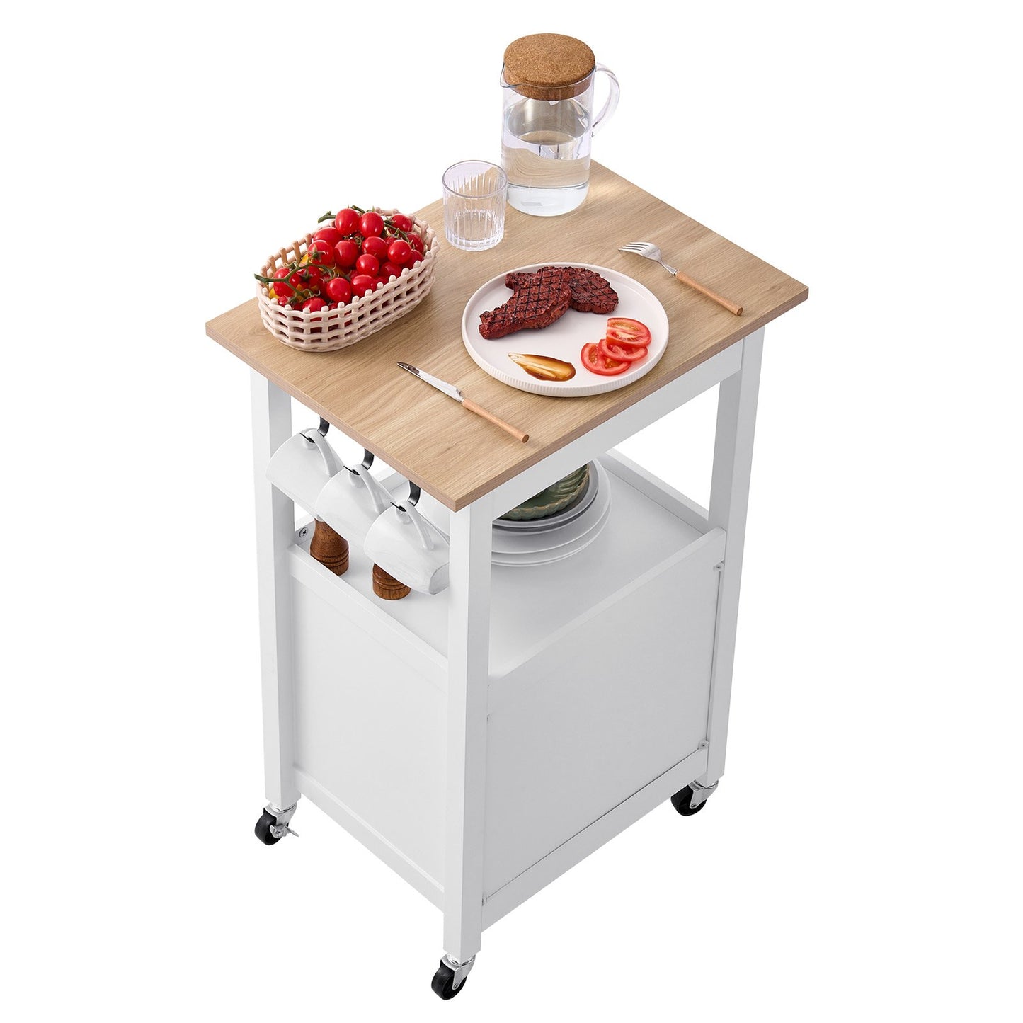 Kitchen Island Cart with Single Door Cabinet, Mobile Carts with Drawer, Towel Rack, Hooks, Portable Table on Swivel Wheels, Small Coffee Islands Microwave Stand for Dining Room, 18x23 in, White