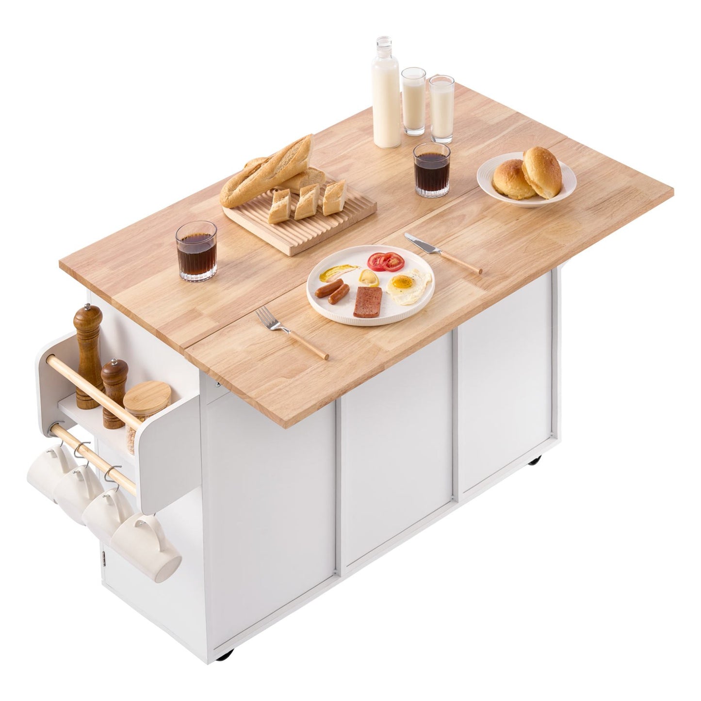 Kitchen Island Cart, with Solid Wood Top and Storage Cabinet, Mobile Rolling Table with Drop Leaf, Drawers, Spice Towel Rack, Portable Islands on Swivel Wheels for Dining Room, 52in Width, White