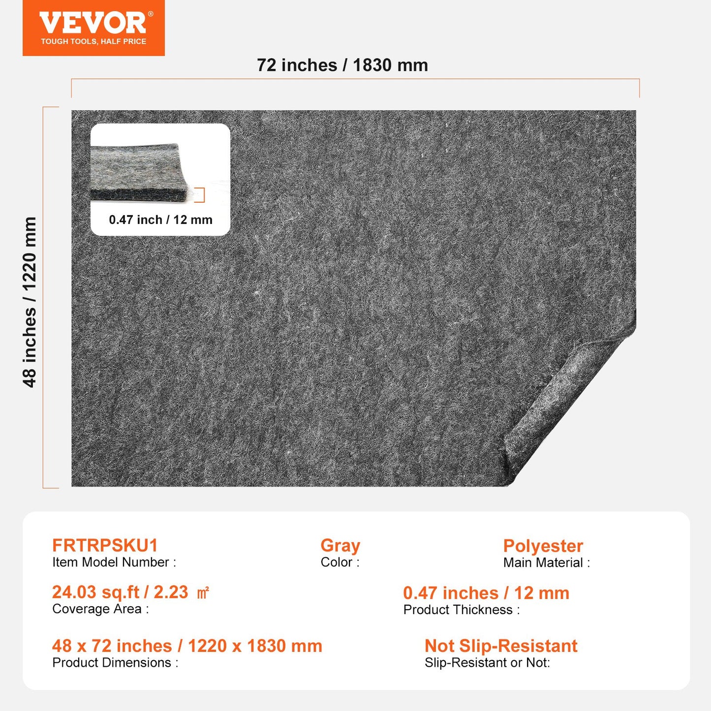 Non-Slip Resistant Rug Pad, Protective Cushioning Carpet Pad, 2'x8' (7.875' Actual), 1/4"Thick, Dual Surface, Polyester Felt + Latex, 1-2㎡ Area Carpet Padding Rug Cushion Safe for All Floors