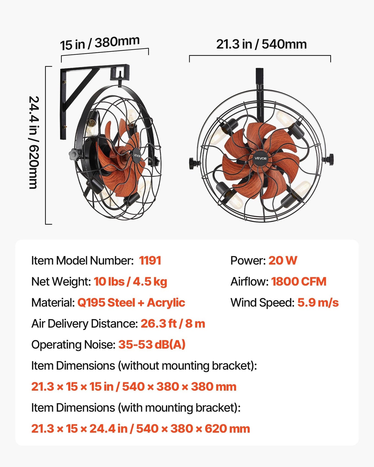 Wall Mounted Fan with Lights, 21 inch Wall Mount Fan with Remote, 6 Speeds Plug in Wall Fan, Timer, 360°Adjustable Tilt for Bedroom,Garage,Workshop (Compatible 4 E26 Bulb Sockets,No Bulb)