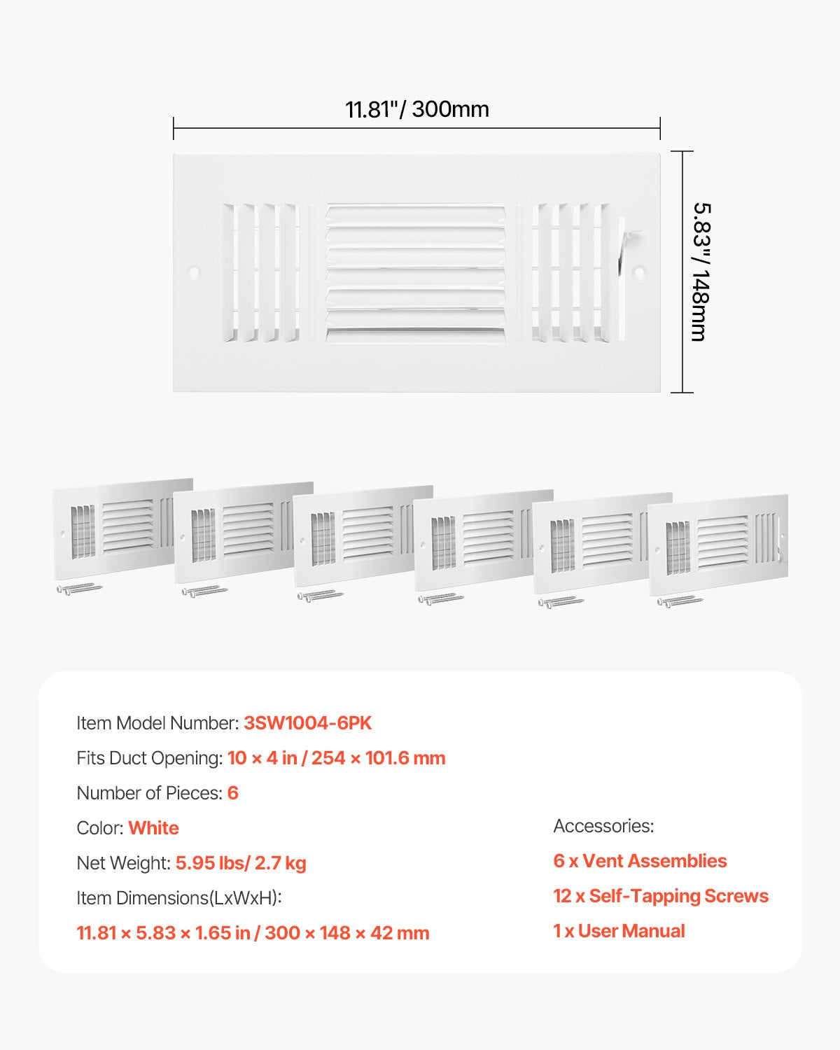 4 x 10 Inch Floor Registers, 6-Pack Floor Vents, HVAC 3-Direction Iron Vent Grilles for Home/Office Wall & Ceiling, Rustproof Anti-Peeling Air Vents Deflector Adjustable with Metal Damper, White