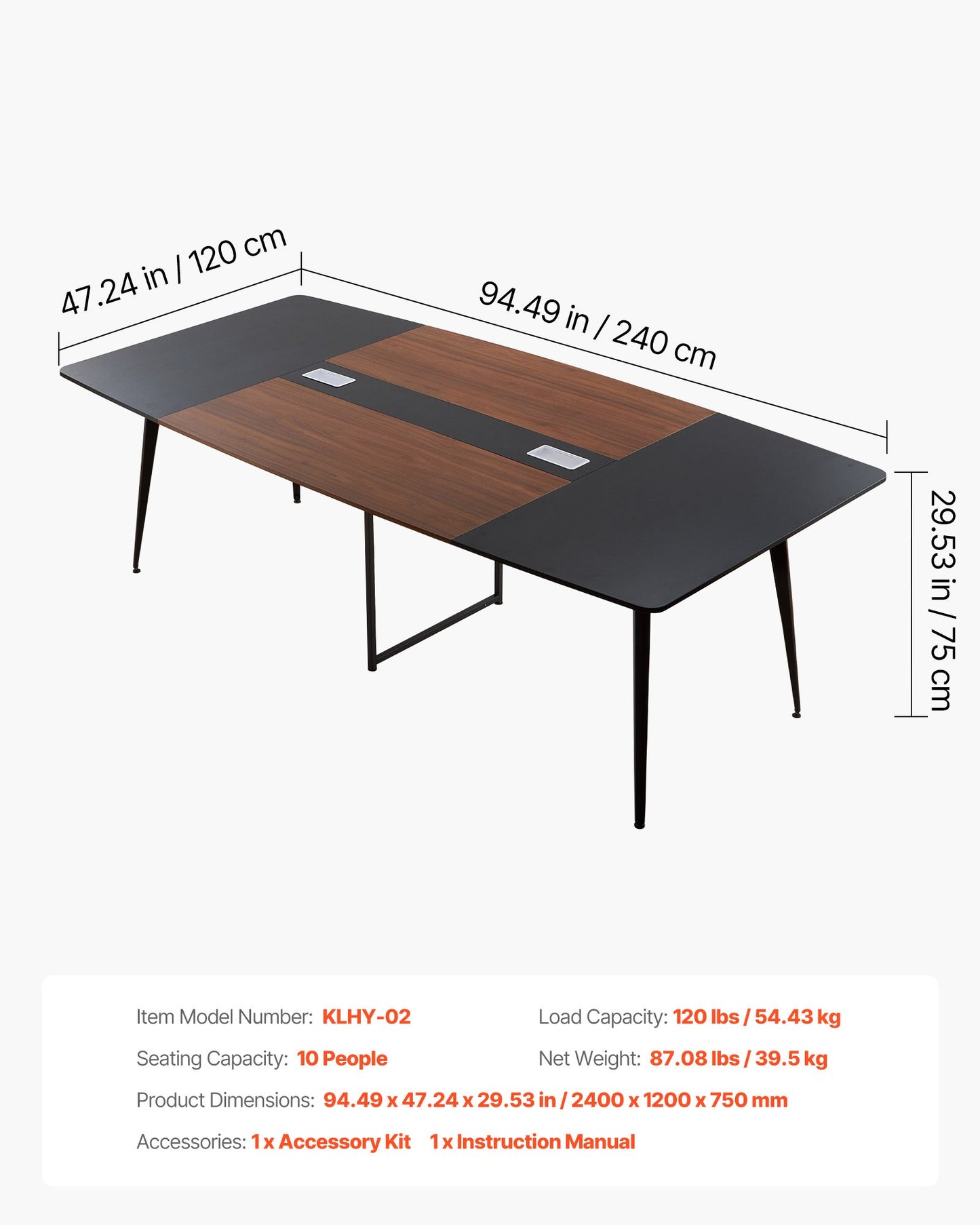 Conference Table, 8 ft Boat Shaped Office Meeting Table for 10 Person, Modern Large Boat Meeting Desk with Metal Legs, Ideal for Office, Boardroom, Conference Room, Easy Assembly, Black & Brown