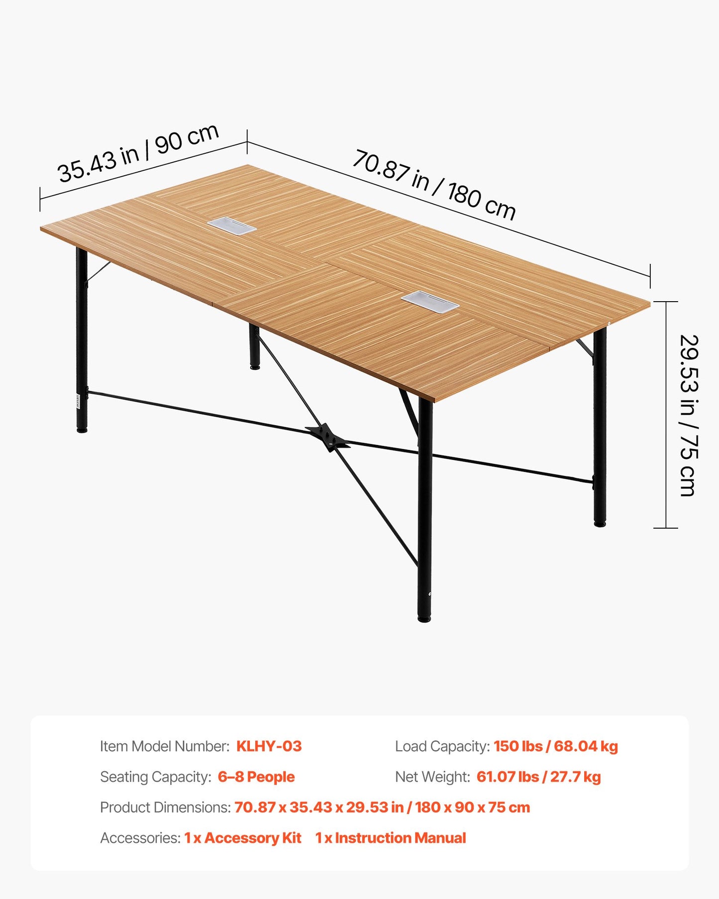 Conference Table, 6 ft Office Meeting Table for 6-8 Person, Modern Rectangle Seminar Desk with Metal Legs, Meeting Desk Ideal for Office, Boardroom, Conference Room, Easy Assembly, Brown