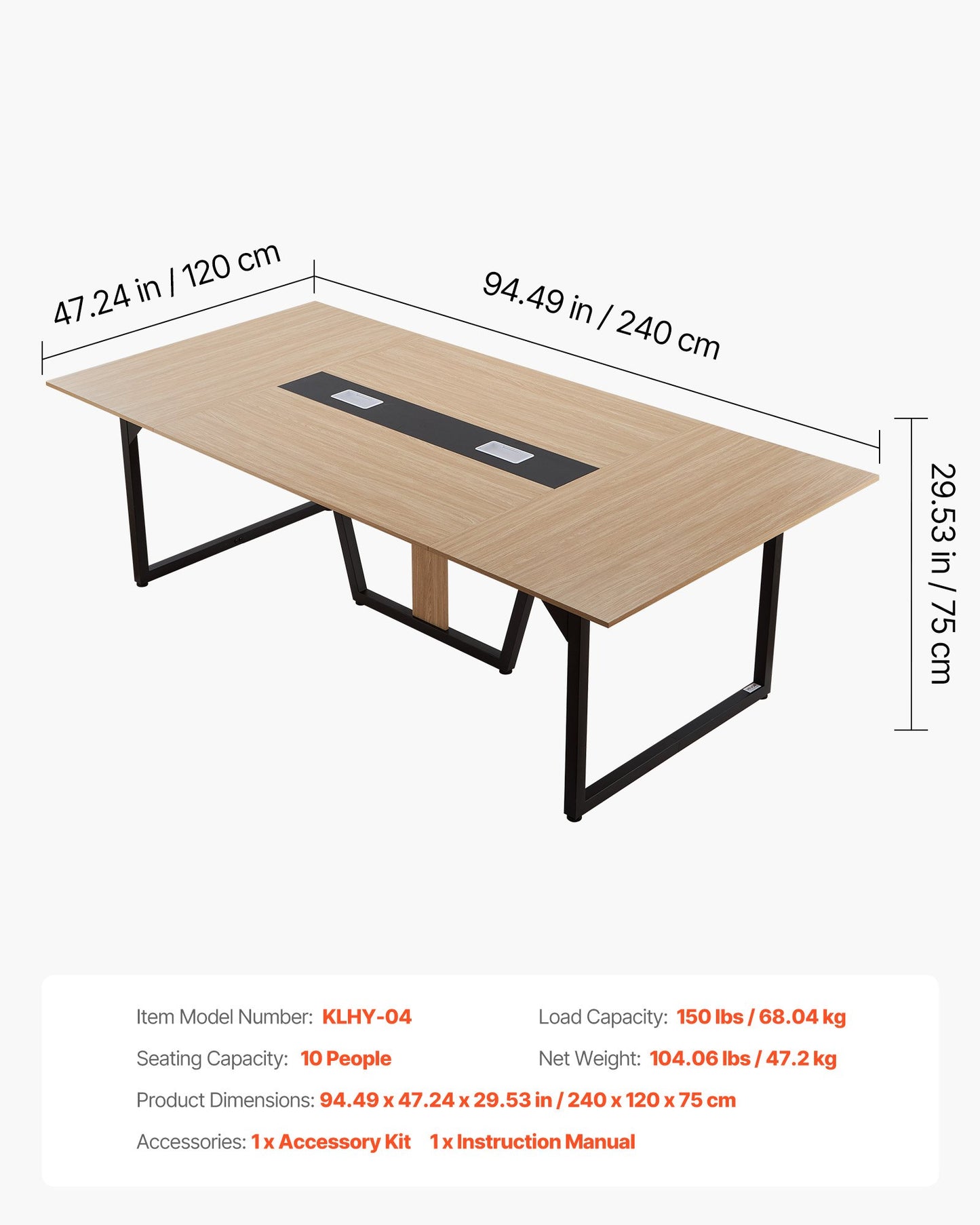 Conference Table, 8 ft Office Meeting Table for 10 Person, Modern Rectangle Seminar Desk with Metal Legs, Large Meeting Desk Ideal for Office, Boardroom, Conference Room, Easy Assembly, Brown