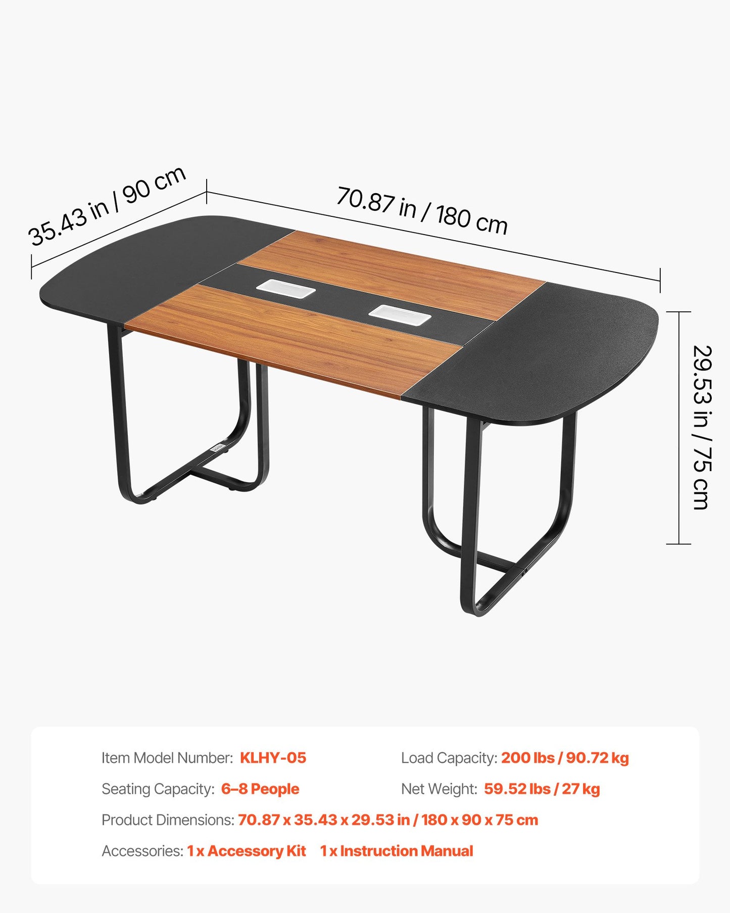 Conference Table, 6 ft Oval Office Meeting Table for 6-8 Person, Modern Seminar Desk with Metal Legs, Large Meeting Desk for Office, Boardroom, Conference Room, Easy Assembly, Black & Brown