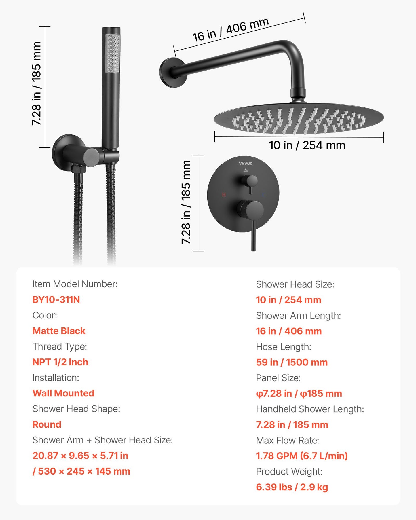 Shower Faucet Set, Rainfall Bathroom Shower System with 10-Inch Round Rain Shower Head and Handheld Spray, Wall Mounted Bath Fixtures with Brass Valve and Trim Kit, Matte Black