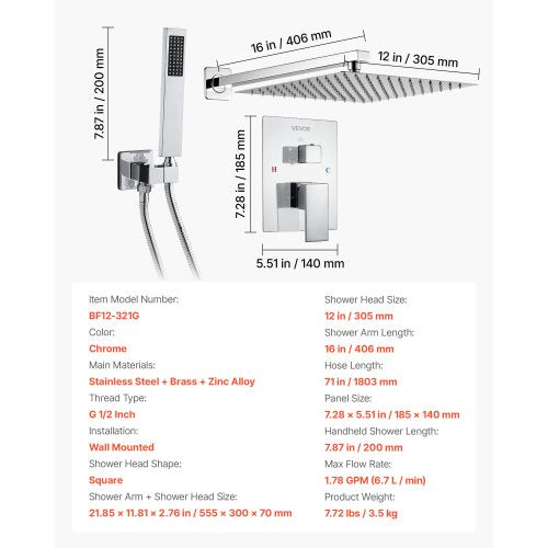 Shower mixer set 12" square rain shower head and hand shower set silver chrome