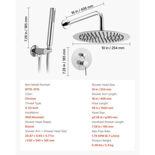 Duschmischer-Set, 25,4 cm, runder Regenduschkopf und Handbrause-Set, Silberchrom | EU