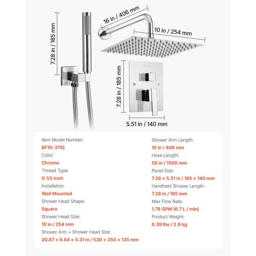 Shower mixer set 10" square rain shower head and hand shower set silver chrome