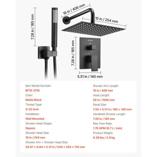 Shower mixer set 10" square rain shower head and hand shower set matte black